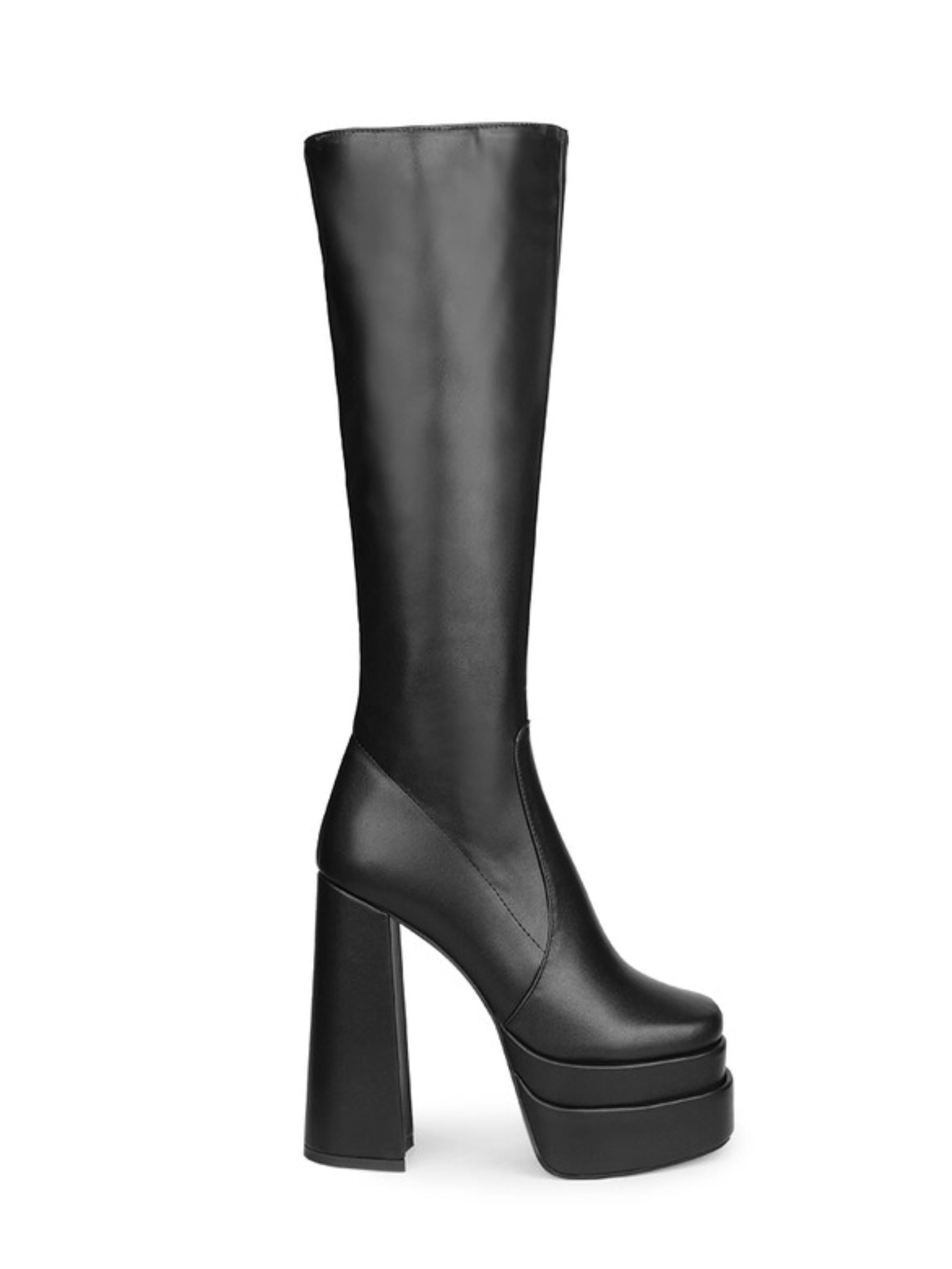 Black Platform Knee-High Chunky Heel Boots
