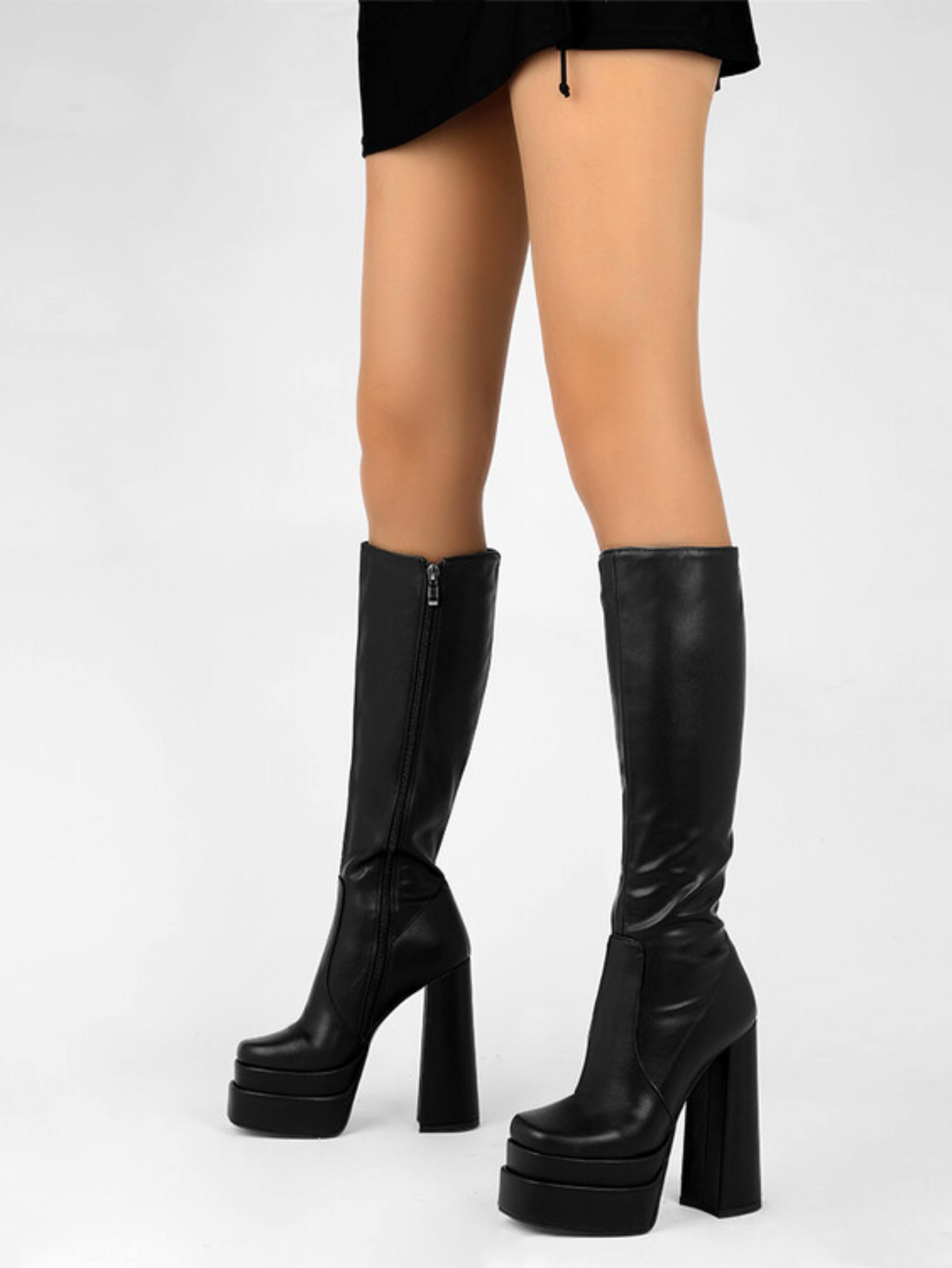 Black Platform Knee-High Chunky Heel Boots