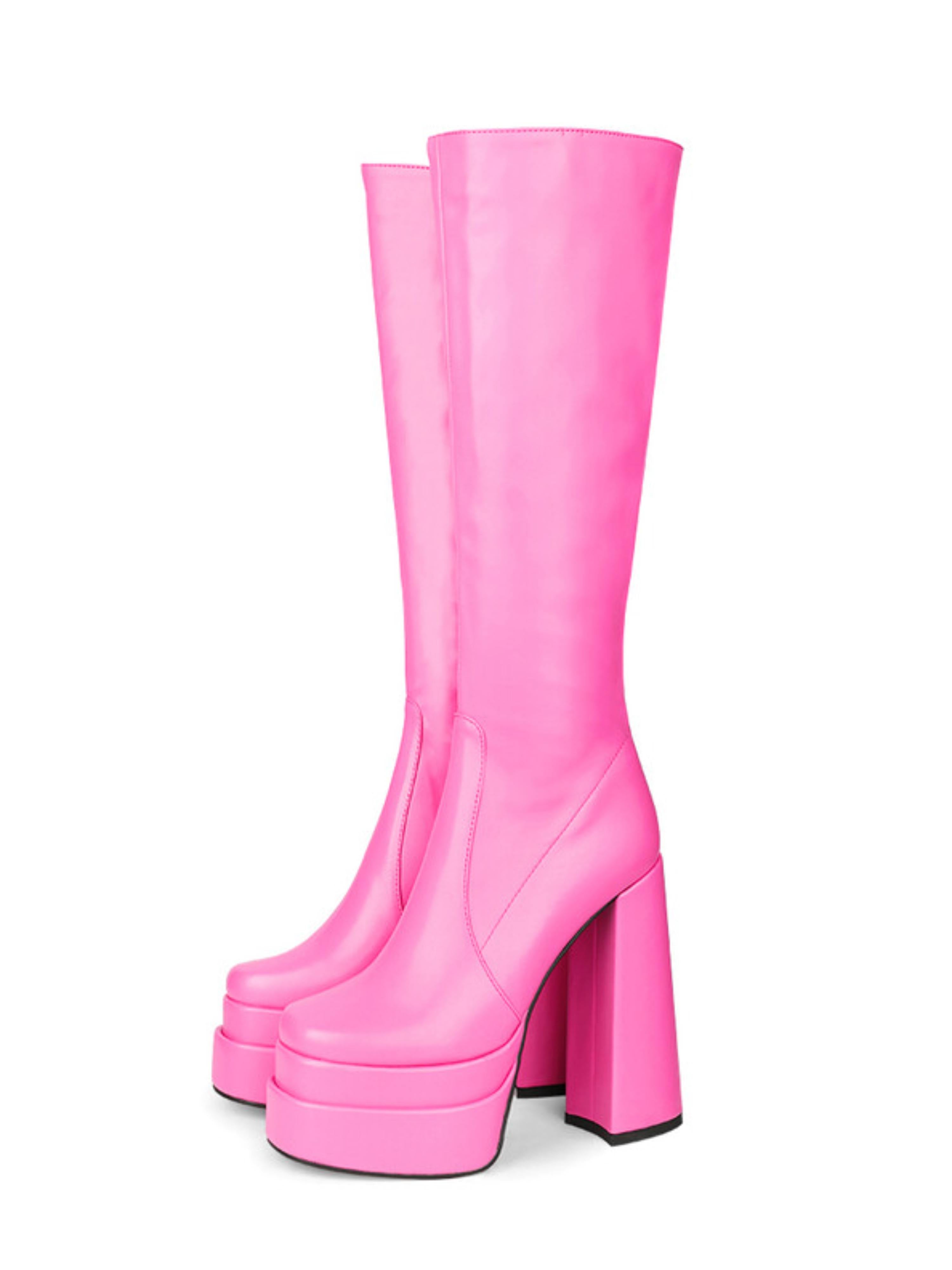 Pink Round Toe Chunky Heel Platform Knee-High Boots