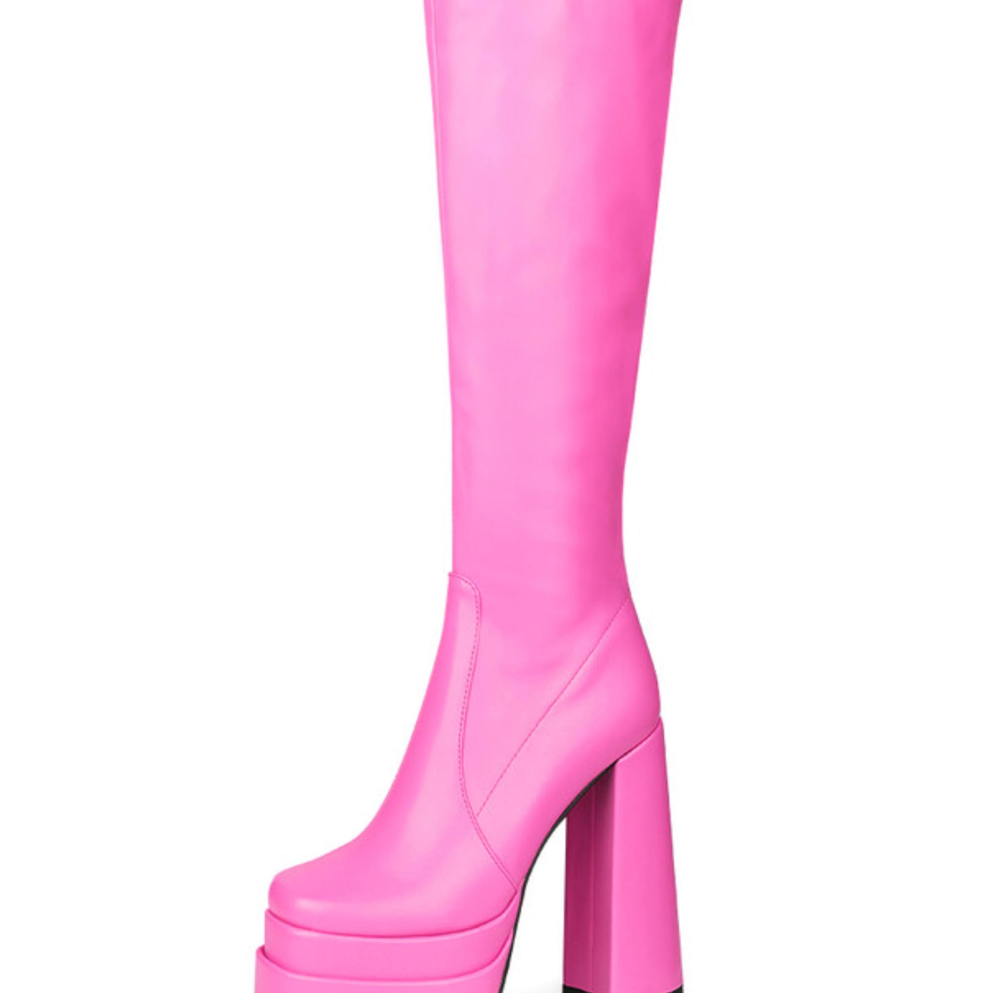 Pink Round Toe Chunky Heel Platform Knee-High Boots