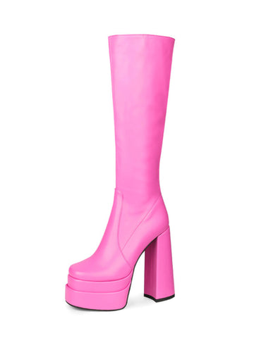 Pink Round Toe Chunky Heel Platform Knee-High Boots