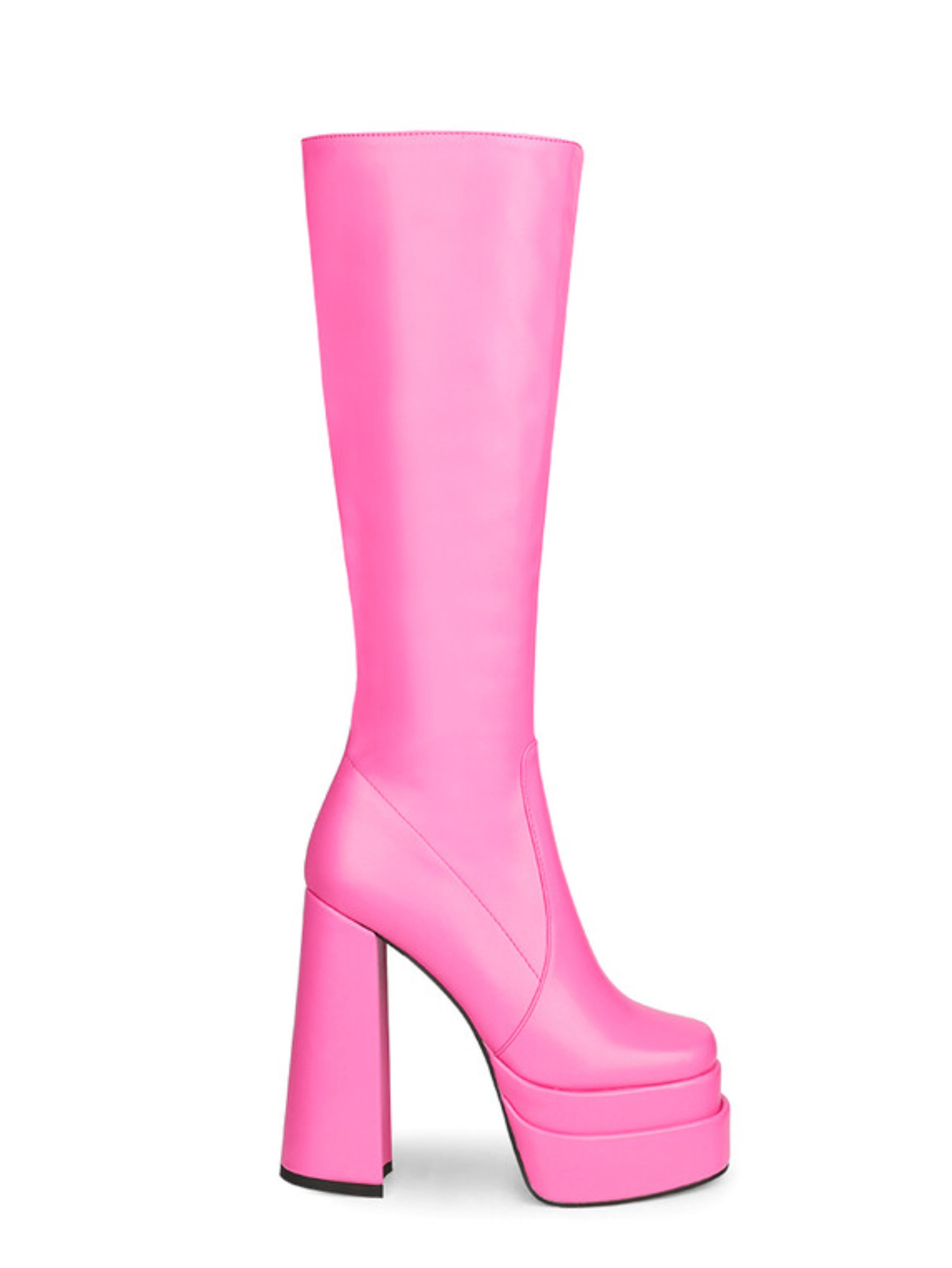 Pink Round Toe Chunky Heel Platform Knee-High Boots
