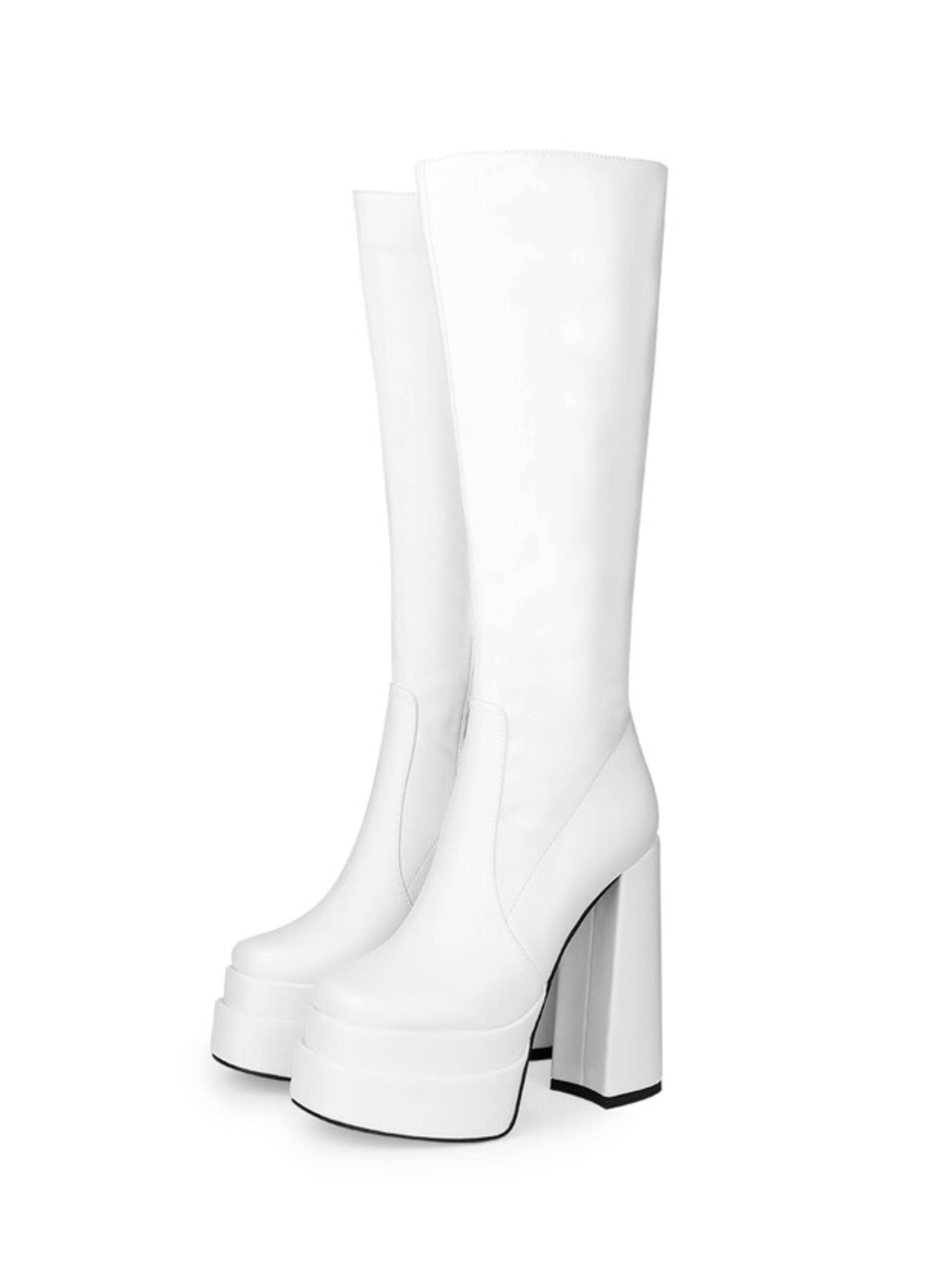 White Platform Knee-High Heeled Boots for Women