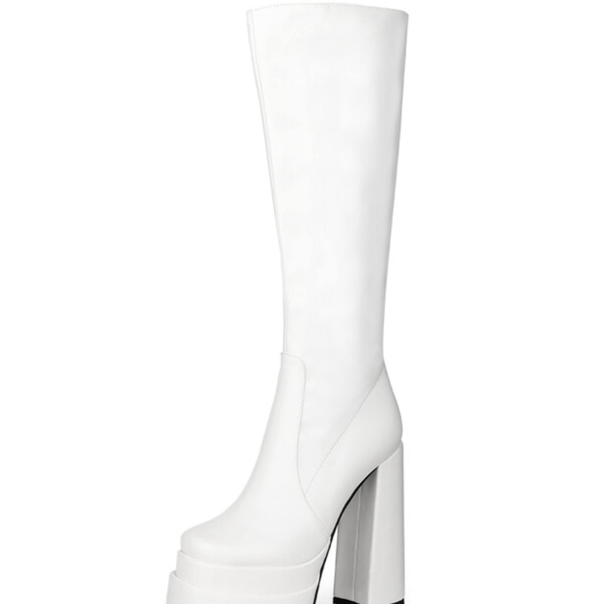 White Platform Knee-High Heeled Boots for Women