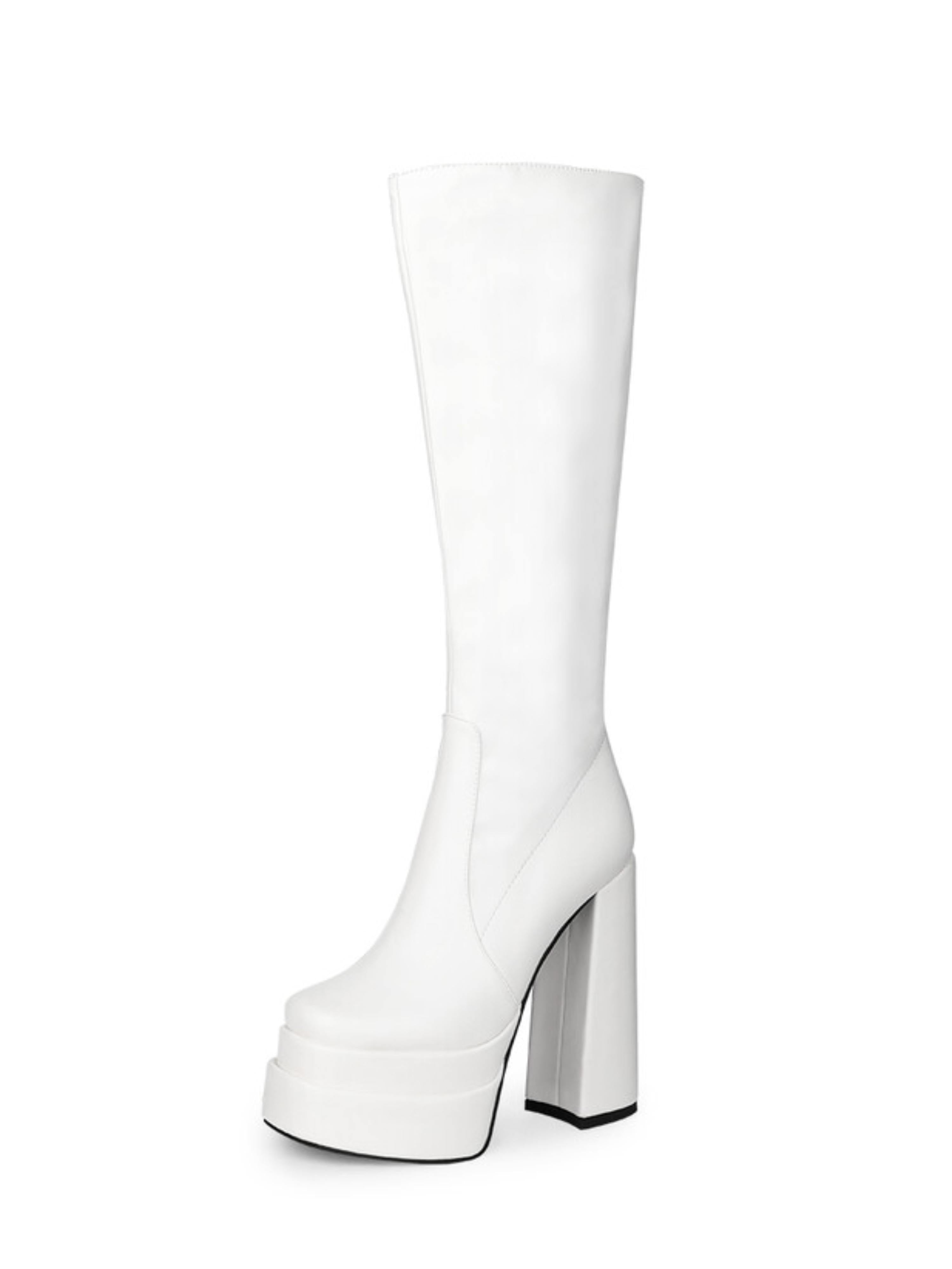 White Platform Knee-High Heeled Boots for Women