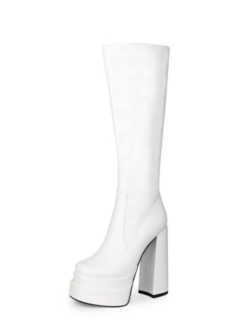 White Platform Knee-High Heeled Boots for Women