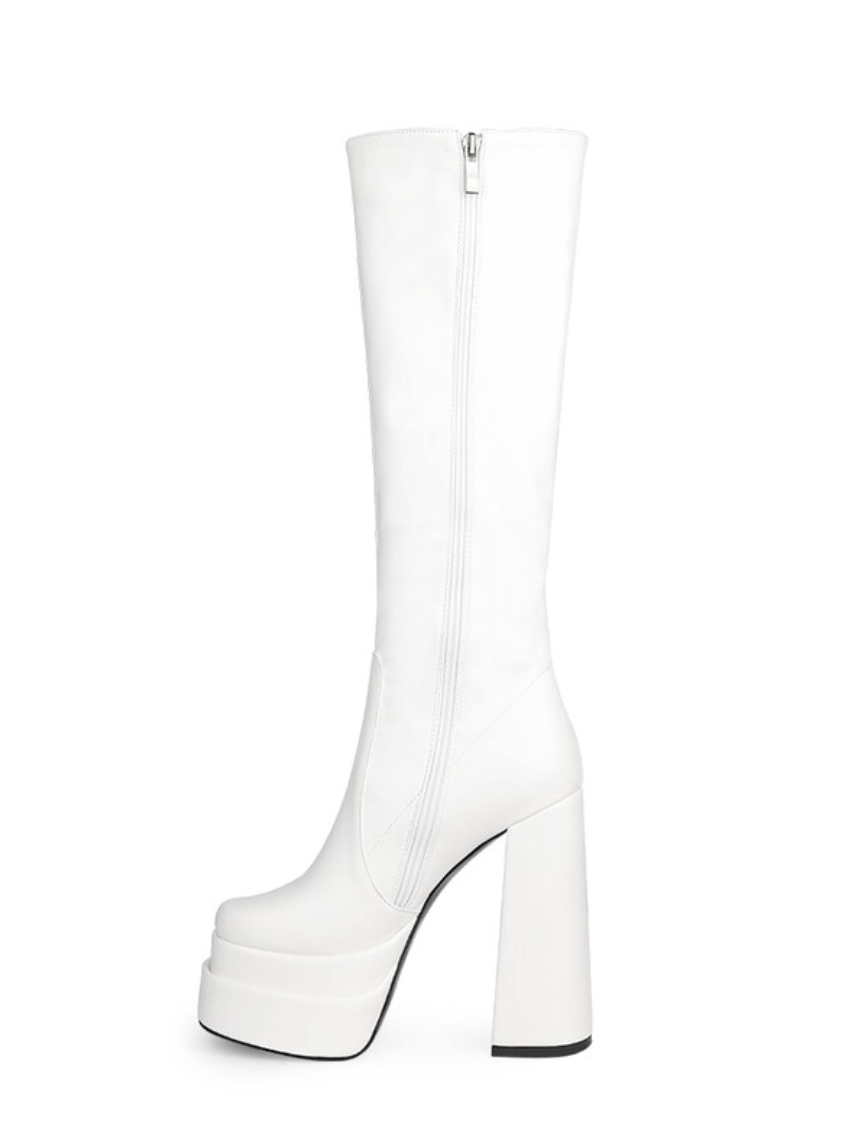 White Platform Knee-High Heeled Boots for Women