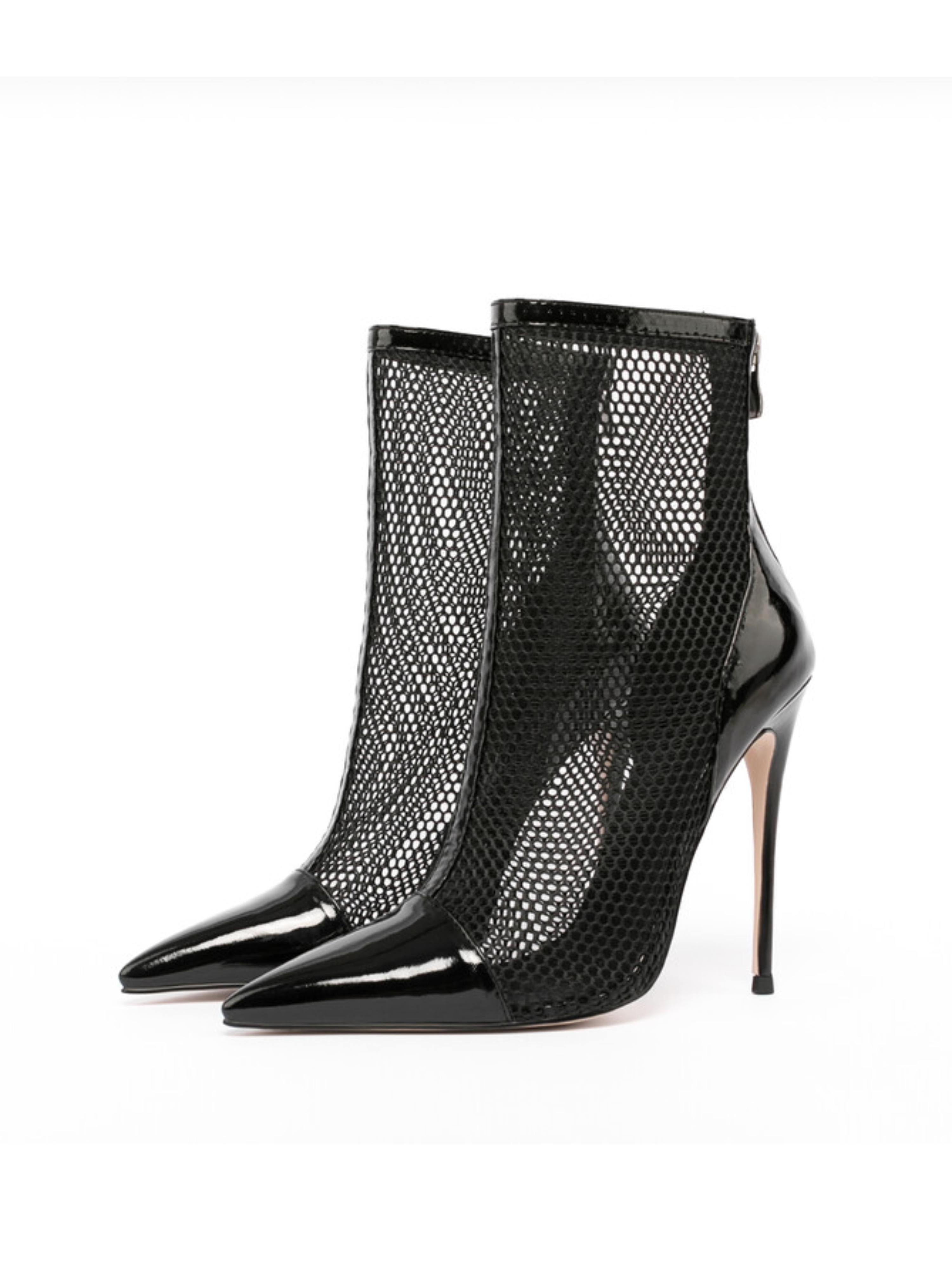 Black Fisnhet Pointed Toe Ankle Heeled Boots for Women