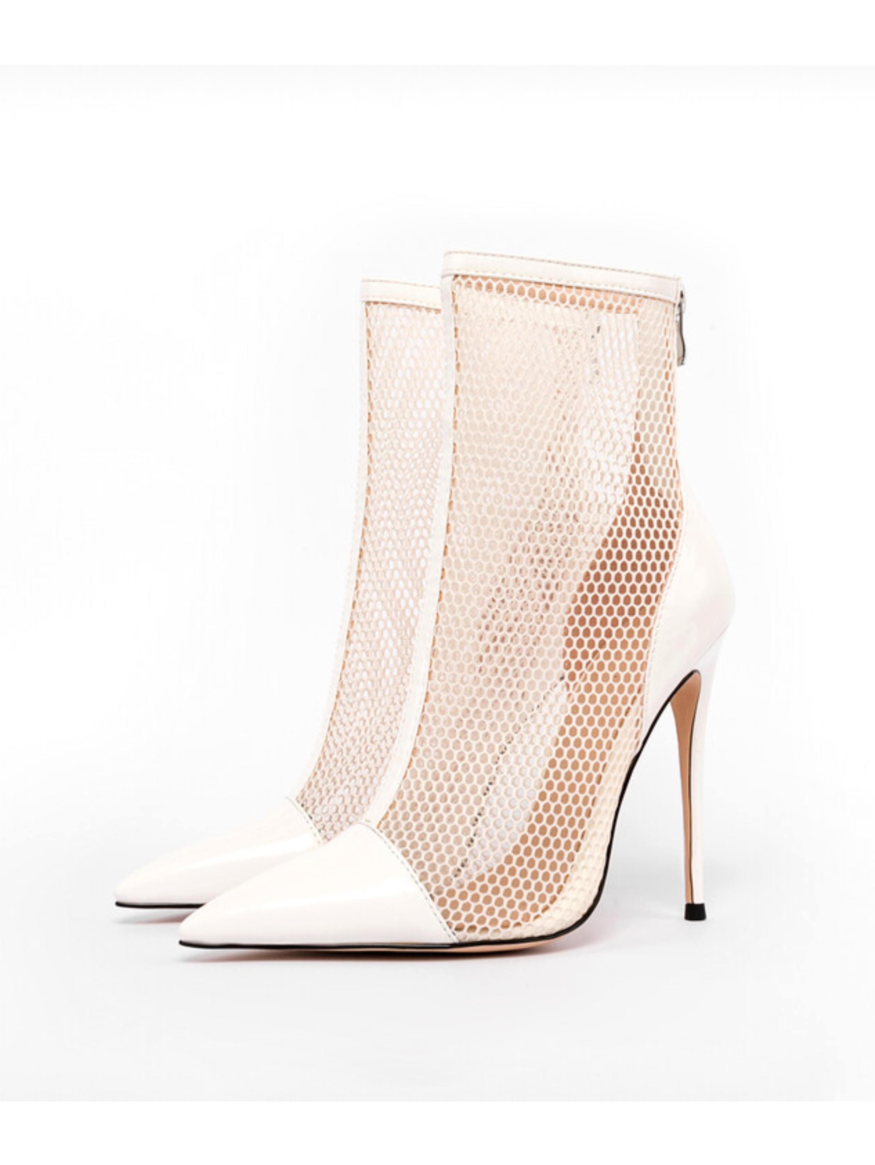 White Fishnet Pointed Toe High Heel Ankle Summer Boots