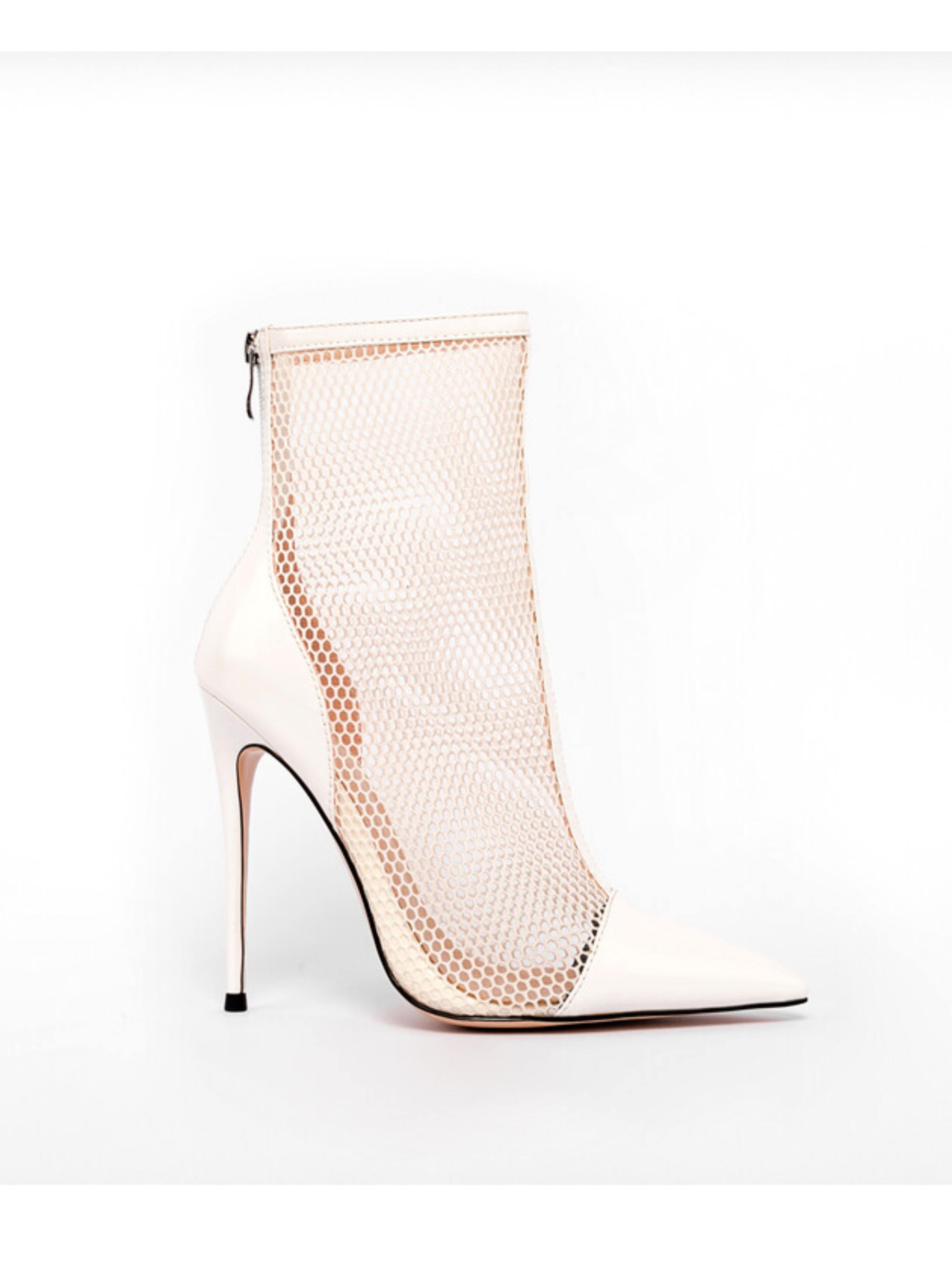 White Fishnet Pointed Toe High Heel Ankle Summer Boots