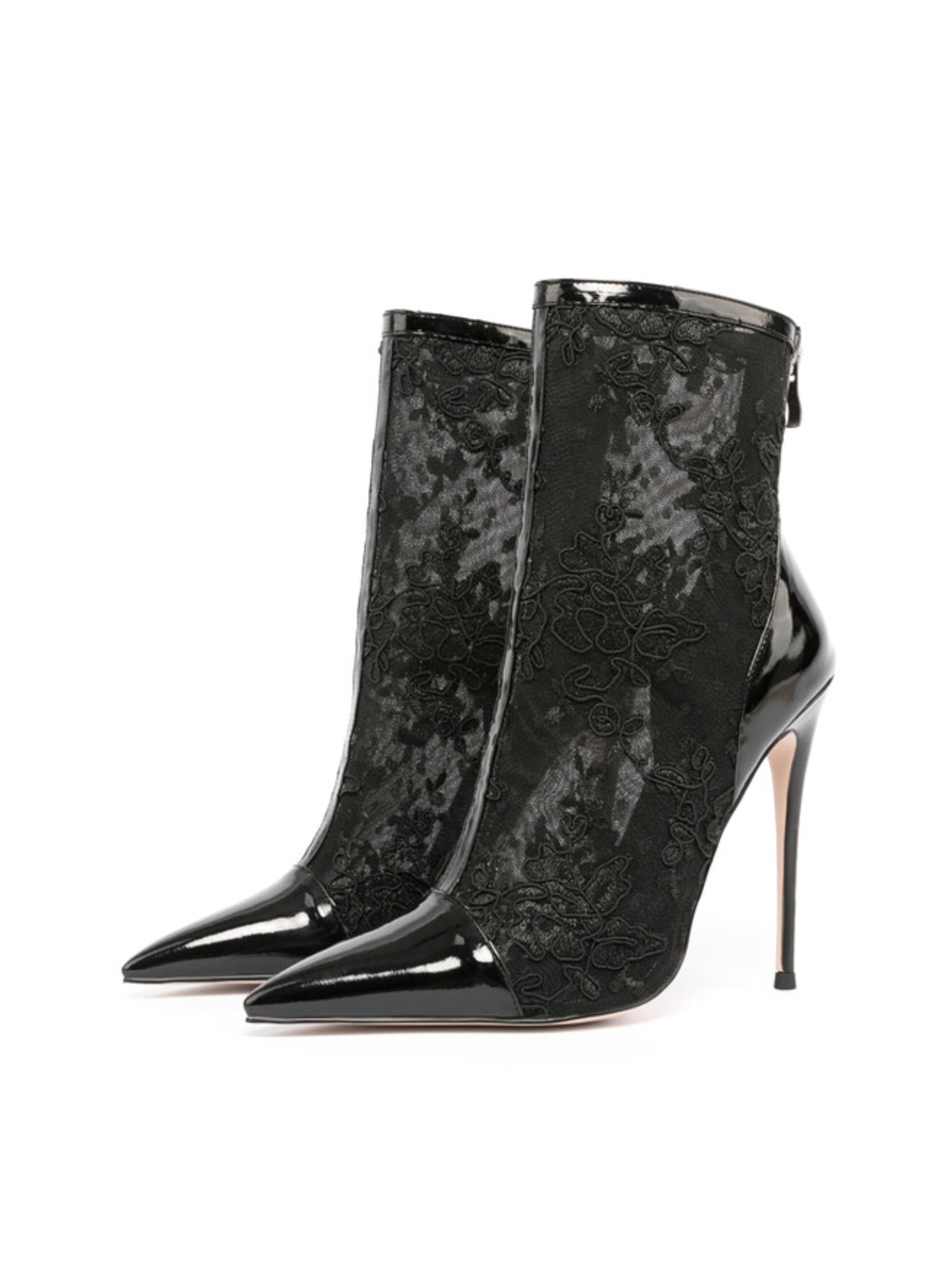 Black Breathable Pointed Toe High-Heel Ankle Boots for Women