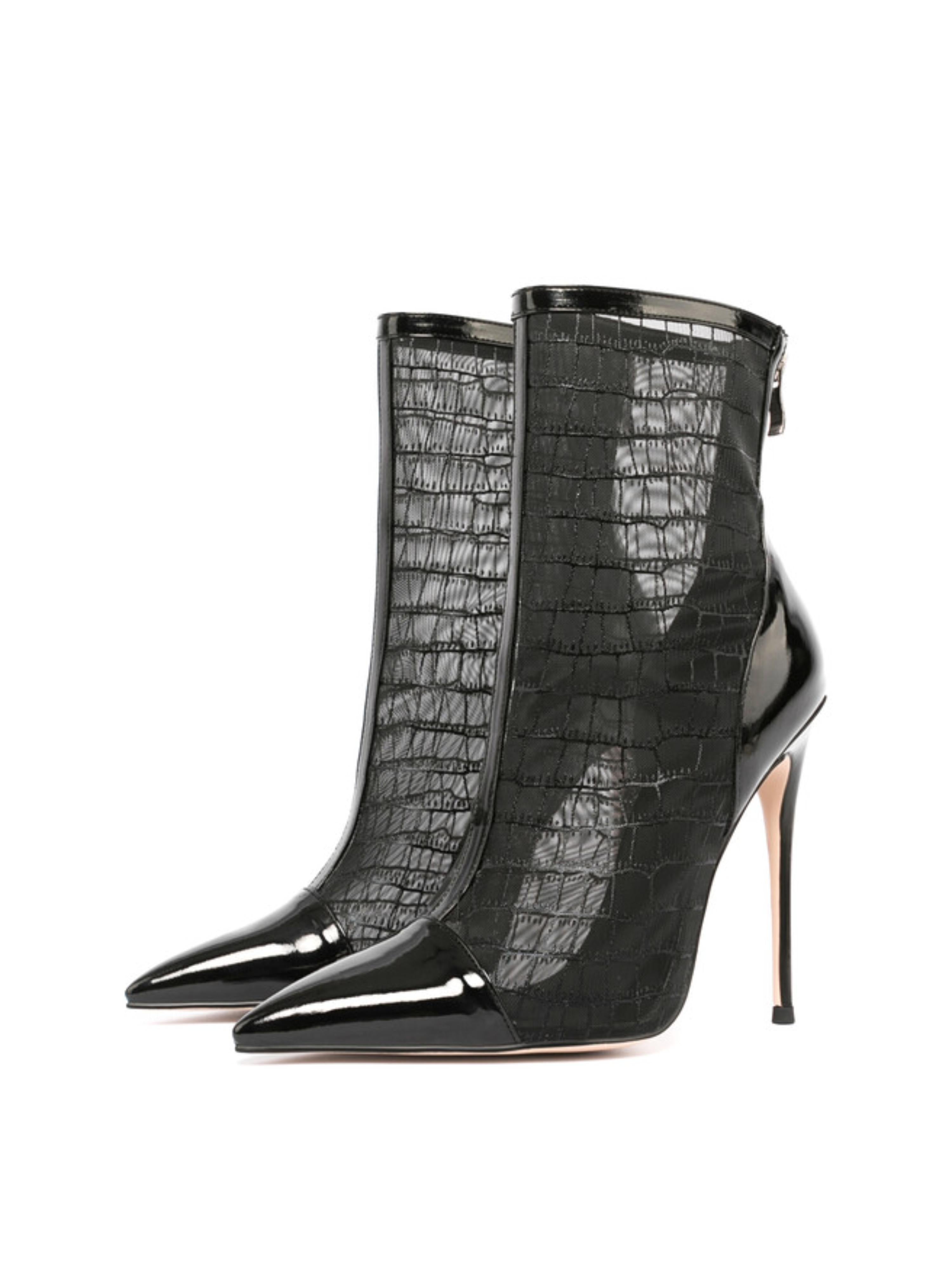 Black Mesh Stiletto High Heeled Ankle Boots for Women
