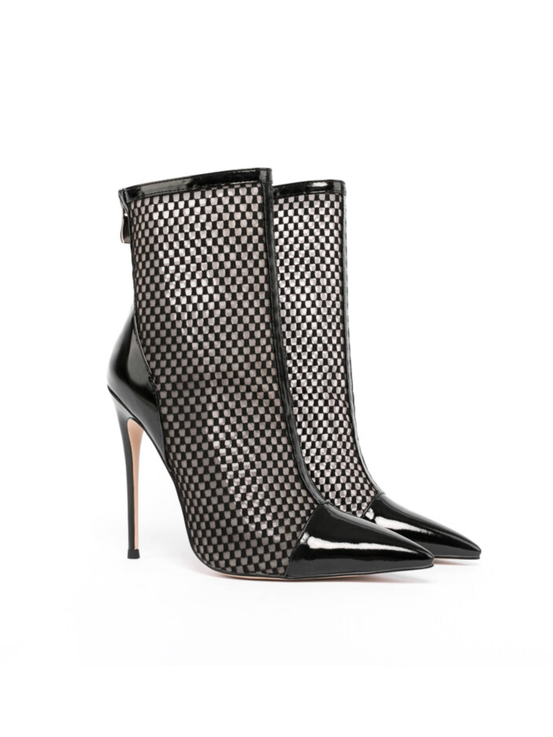 Black Fishnet Pointed Toe Ankle Boots with Stiletto Heels