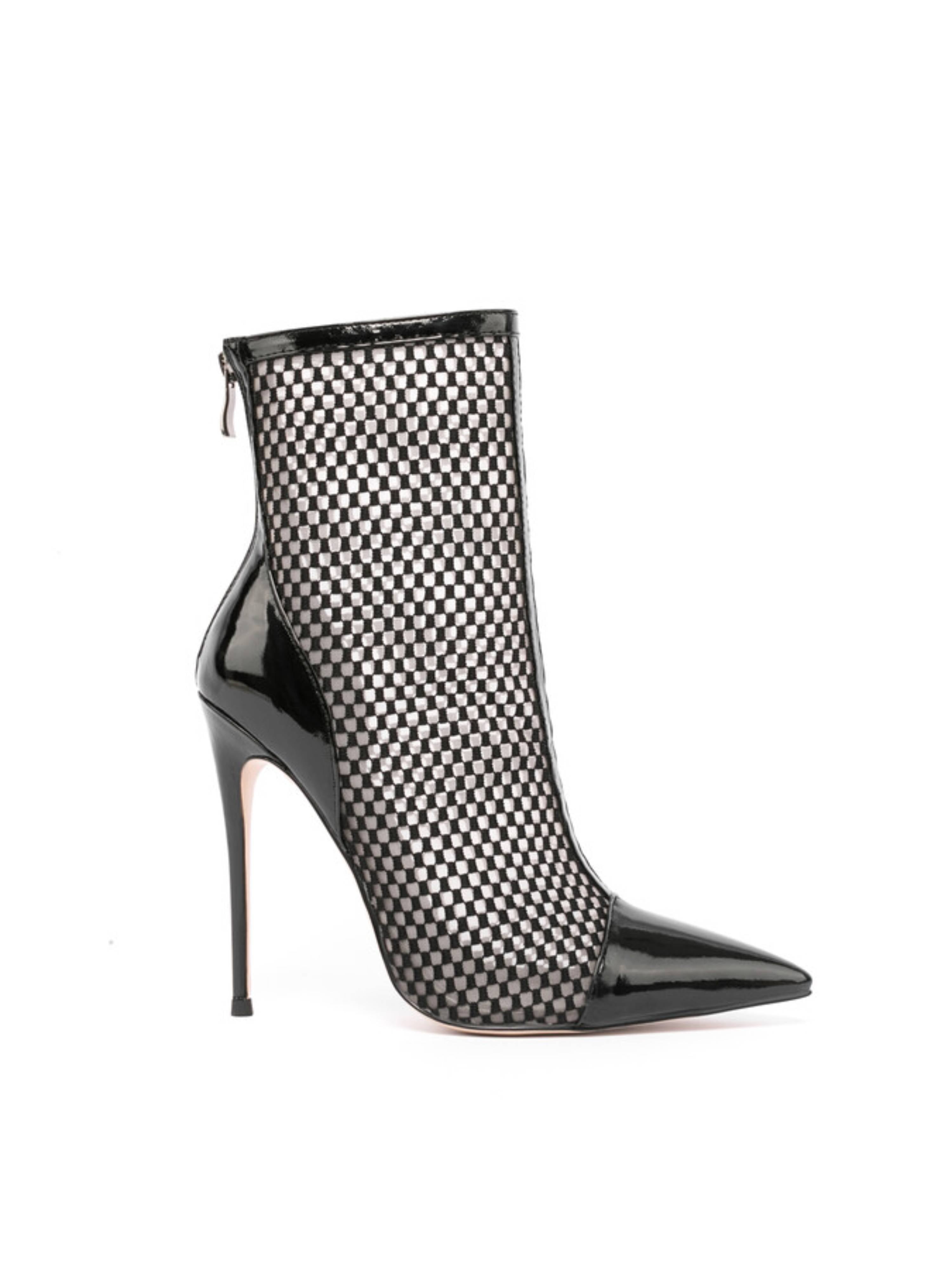 Black Fishnet Pointed Toe Ankle Boots with Stiletto Heels