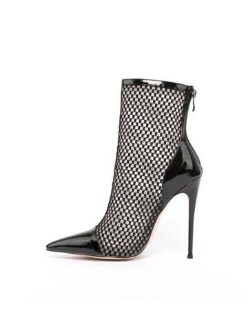 Black Fishnet Pointed Toe Ankle Boots with Stiletto Heels
