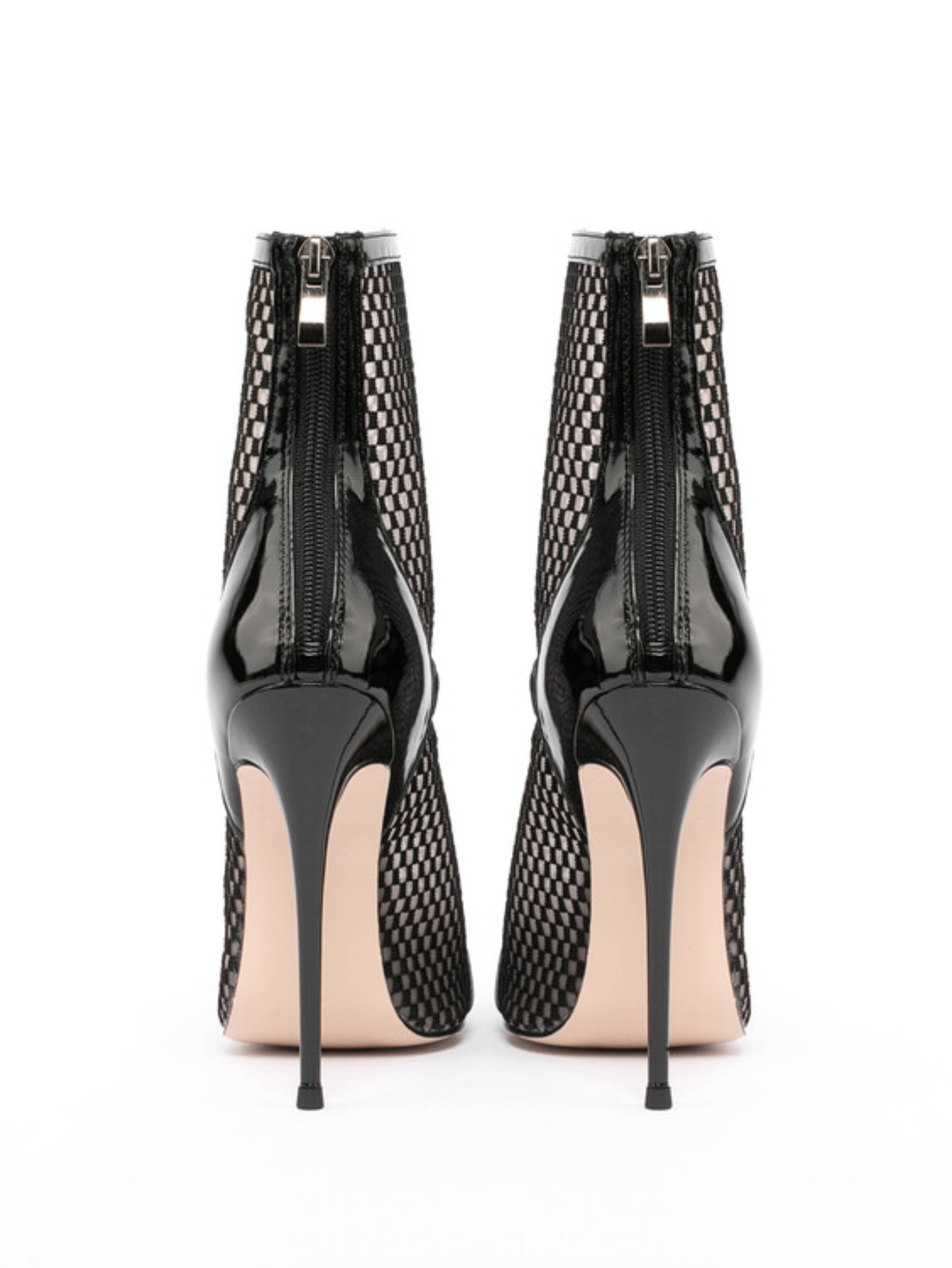 Black Fishnet Pointed Toe Ankle Boots with Stiletto Heels