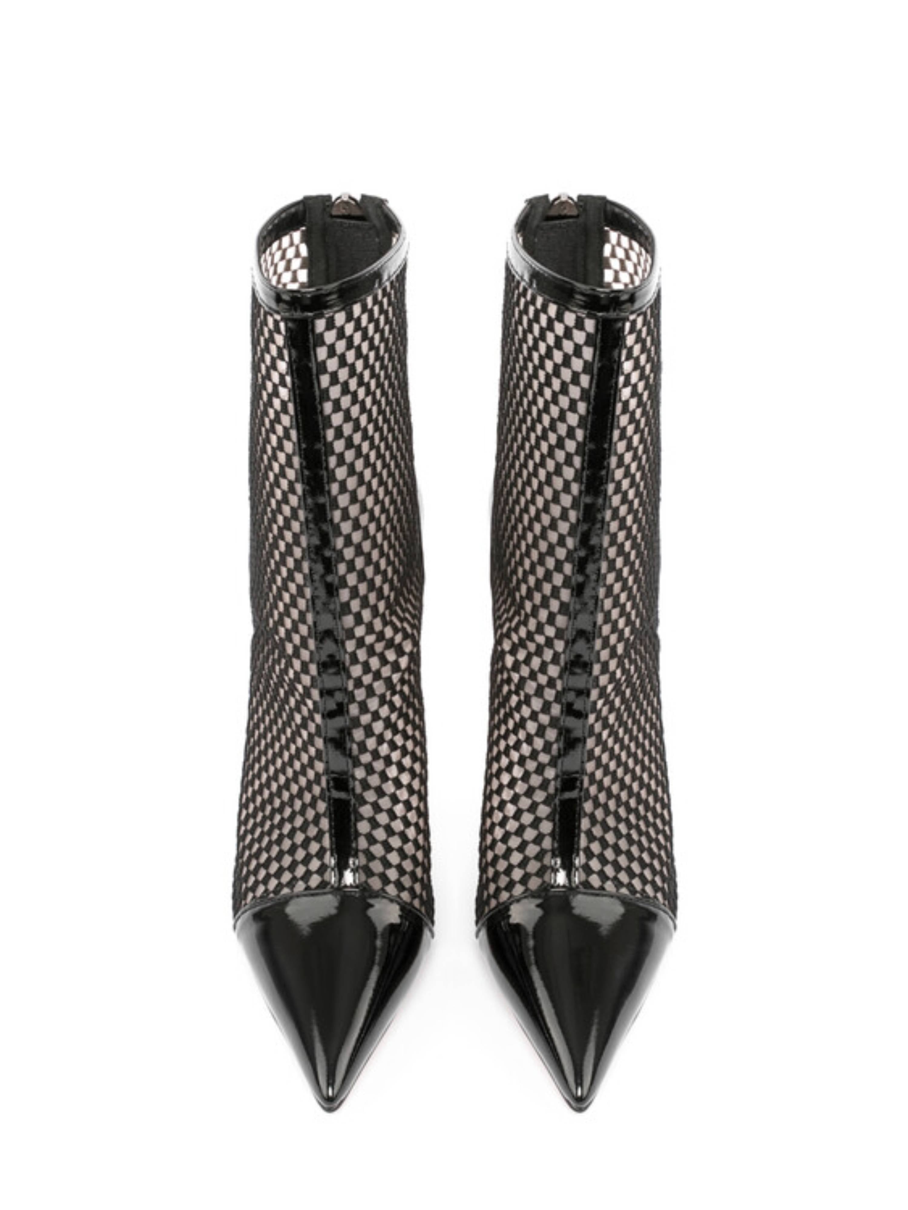 Black Fishnet Pointed Toe Ankle Boots with Stiletto Heels