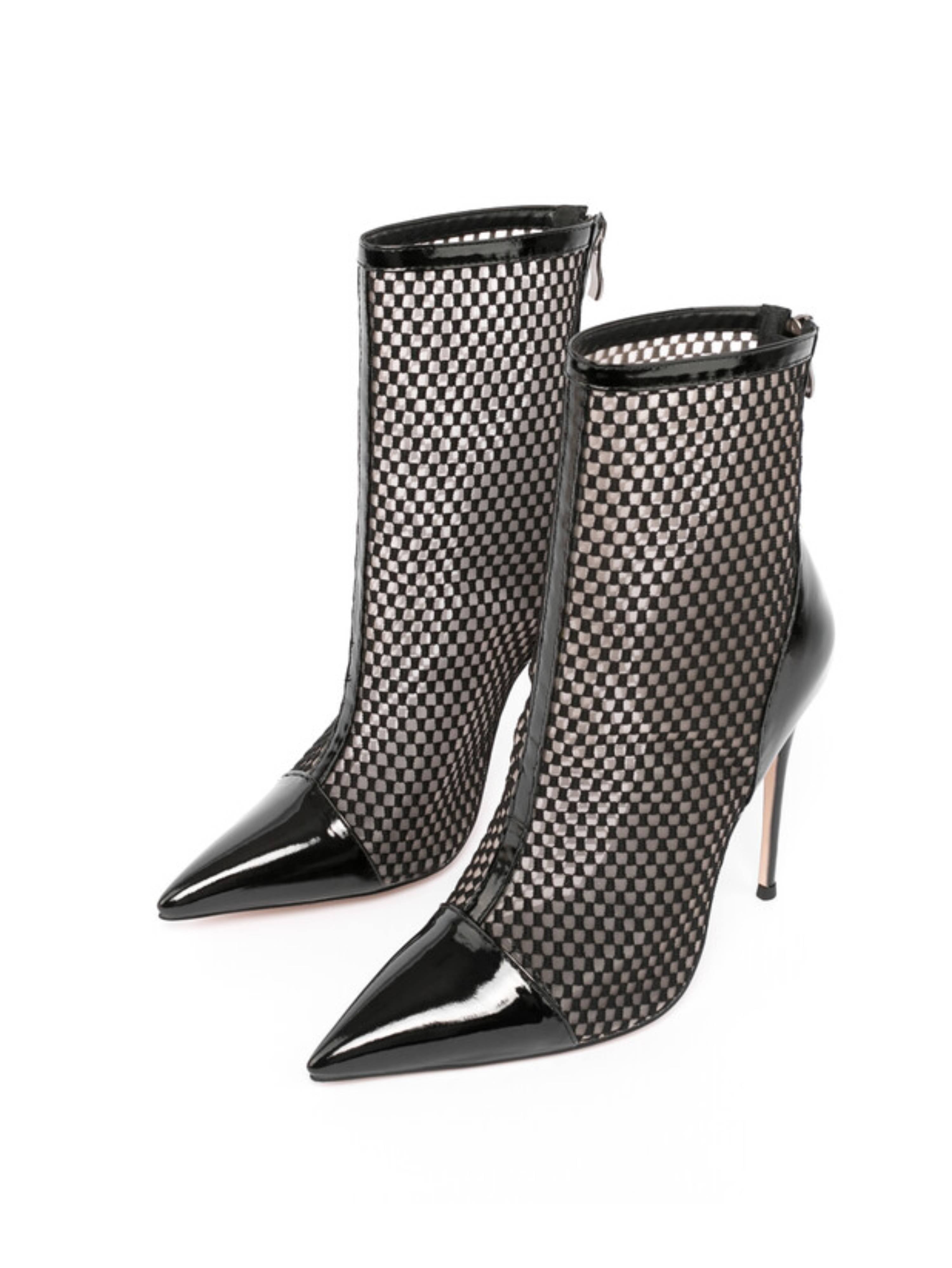 Black Fishnet Pointed Toe Ankle Boots with Stiletto Heels