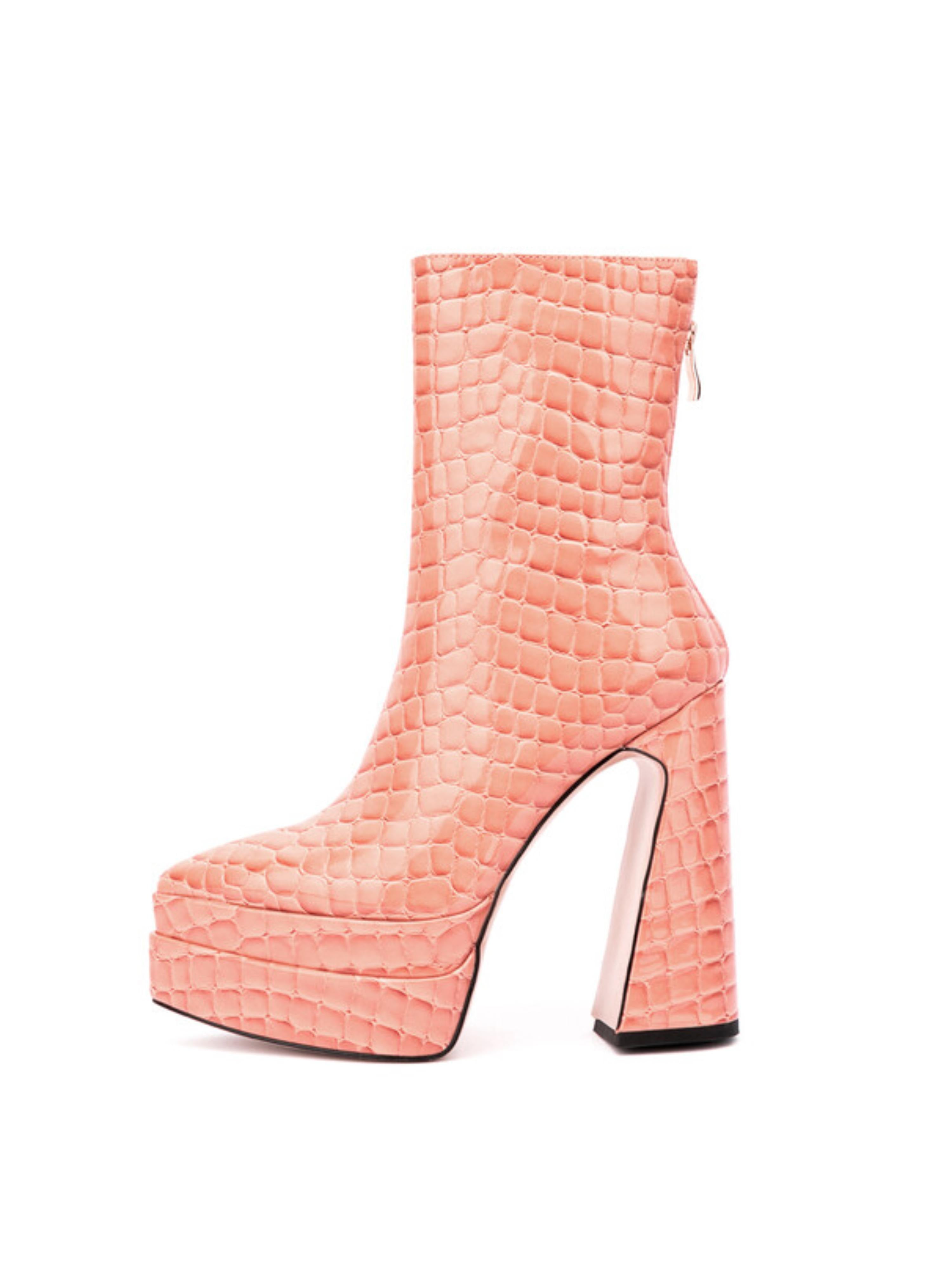Pink Croc-Embossed Ankle Boots with Platform Heels