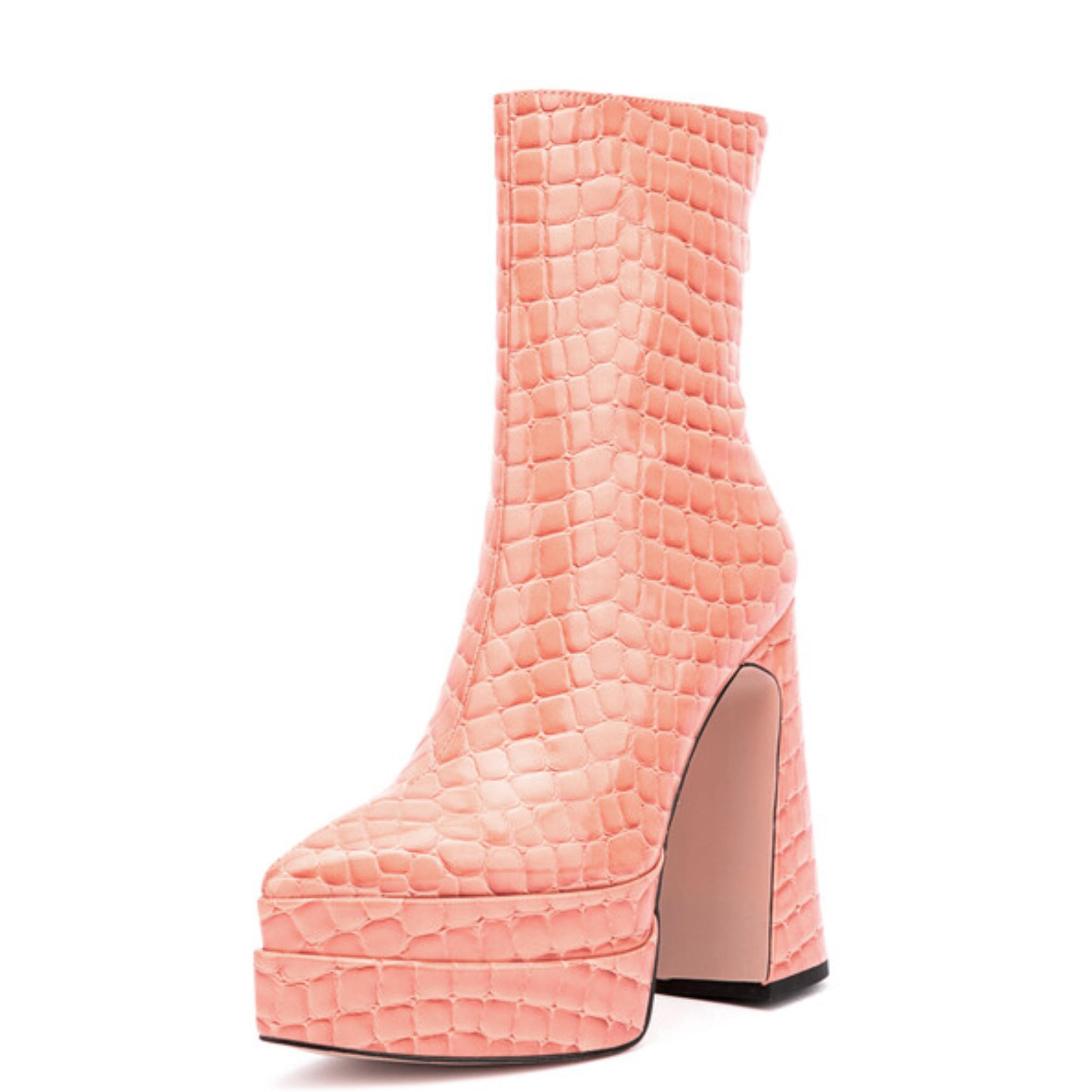Pink Croc-Embossed Ankle Boots with Platform Heels