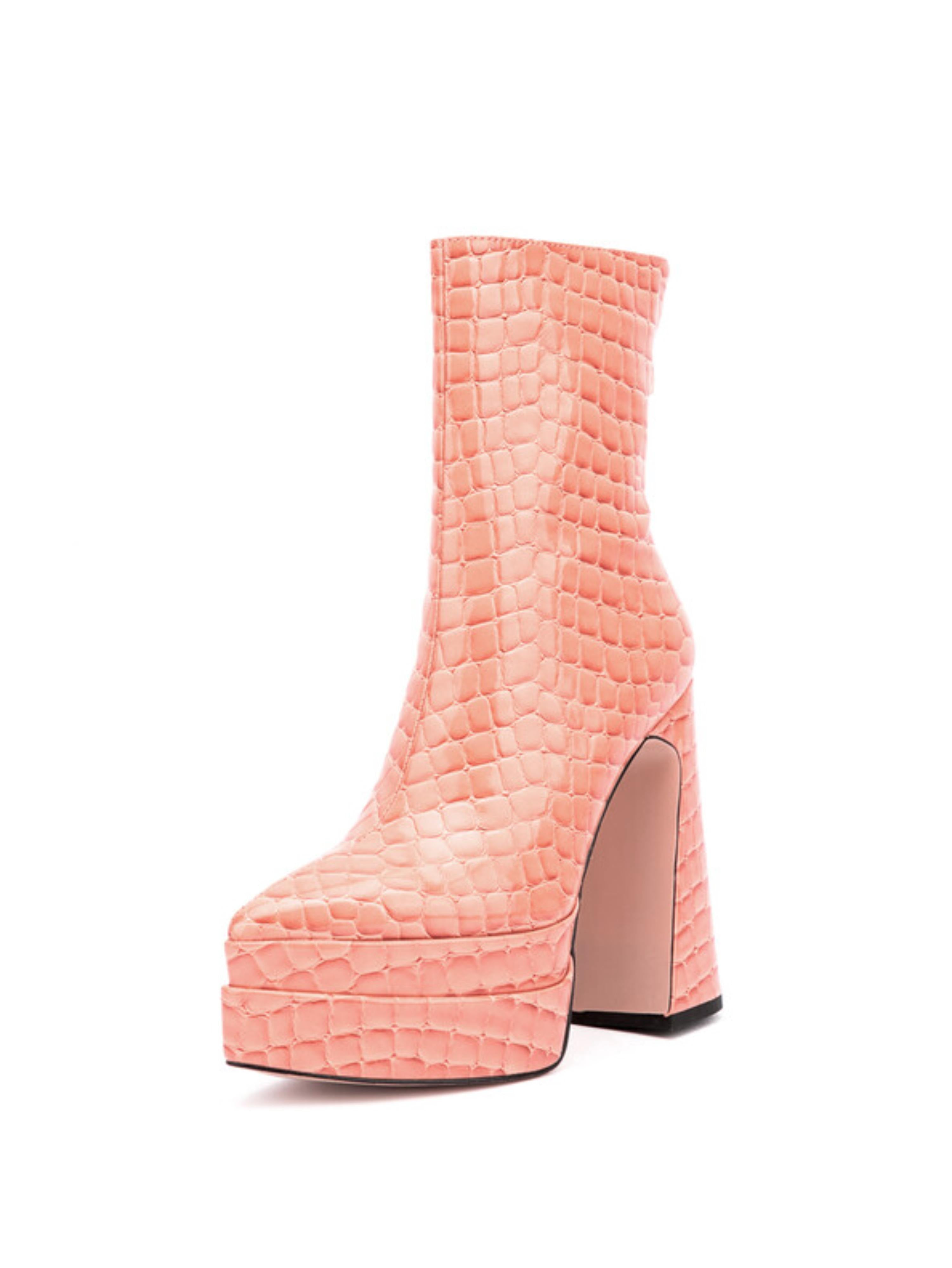 Pink Croc-Embossed Ankle Boots with Platform Heels