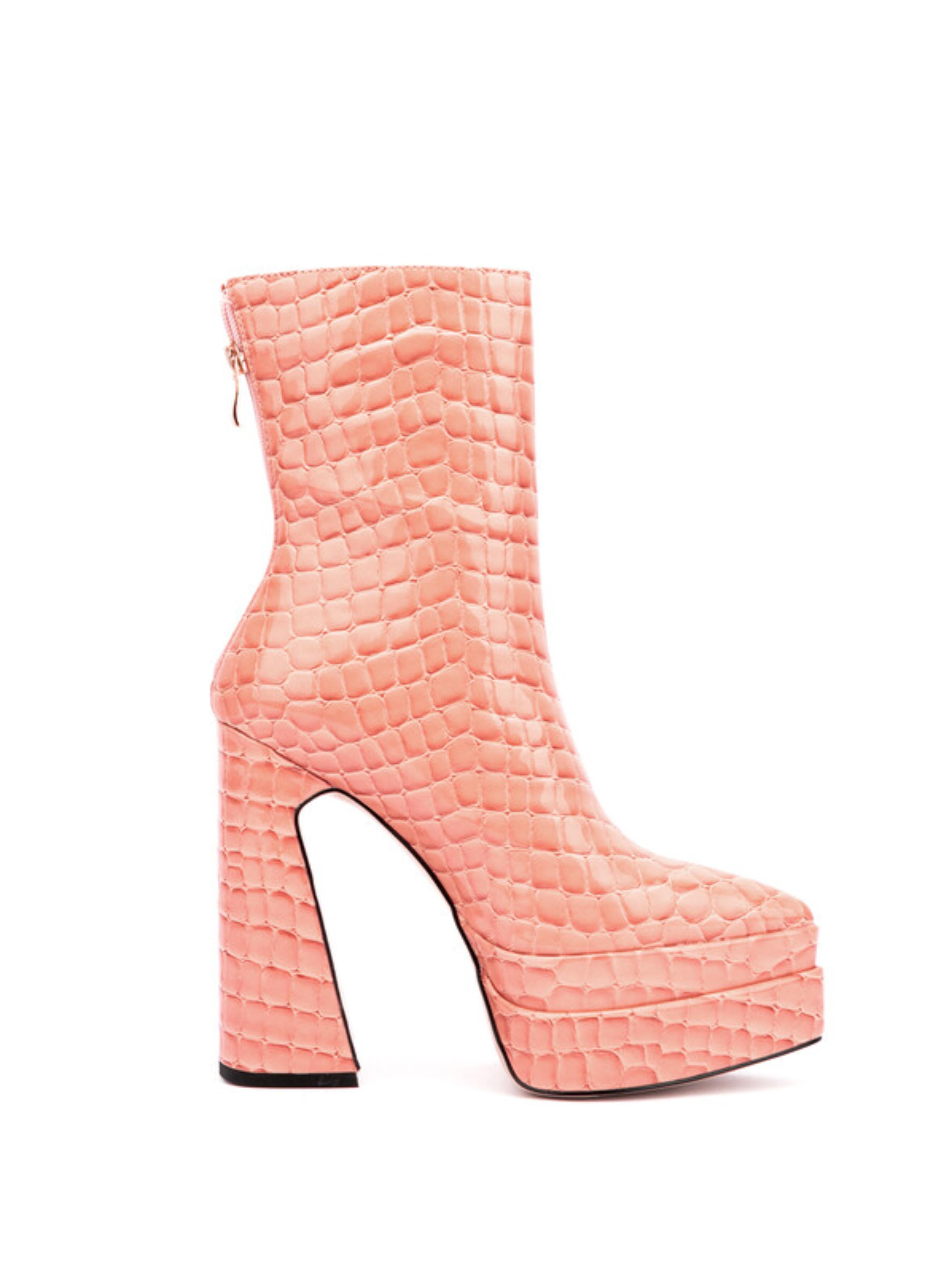 Pink Croc-Embossed Ankle Boots with Platform Heels