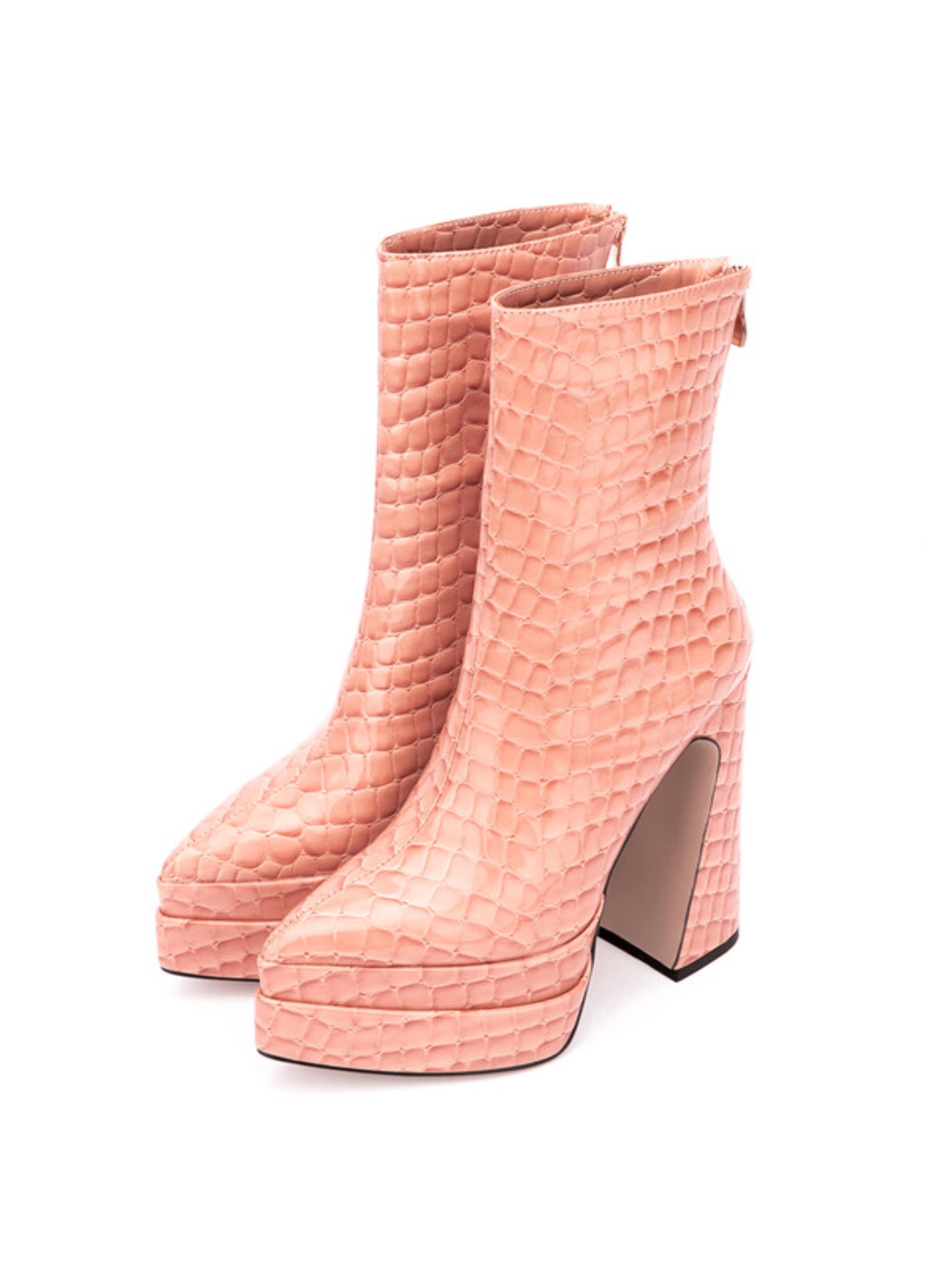 Pink Croc-Embossed Ankle Boots with Platform Heels