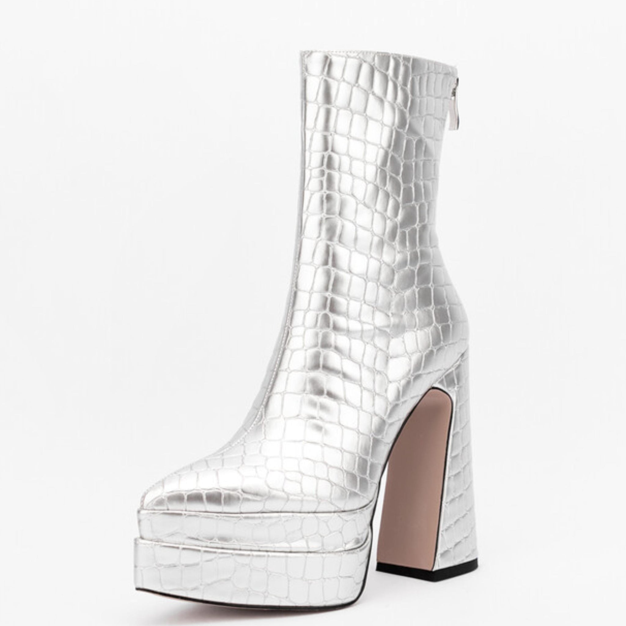 Silver Block Heel Women's Short Boots with Platform