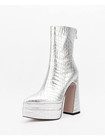 Silver Block Heel Women's Short Boots with Platform