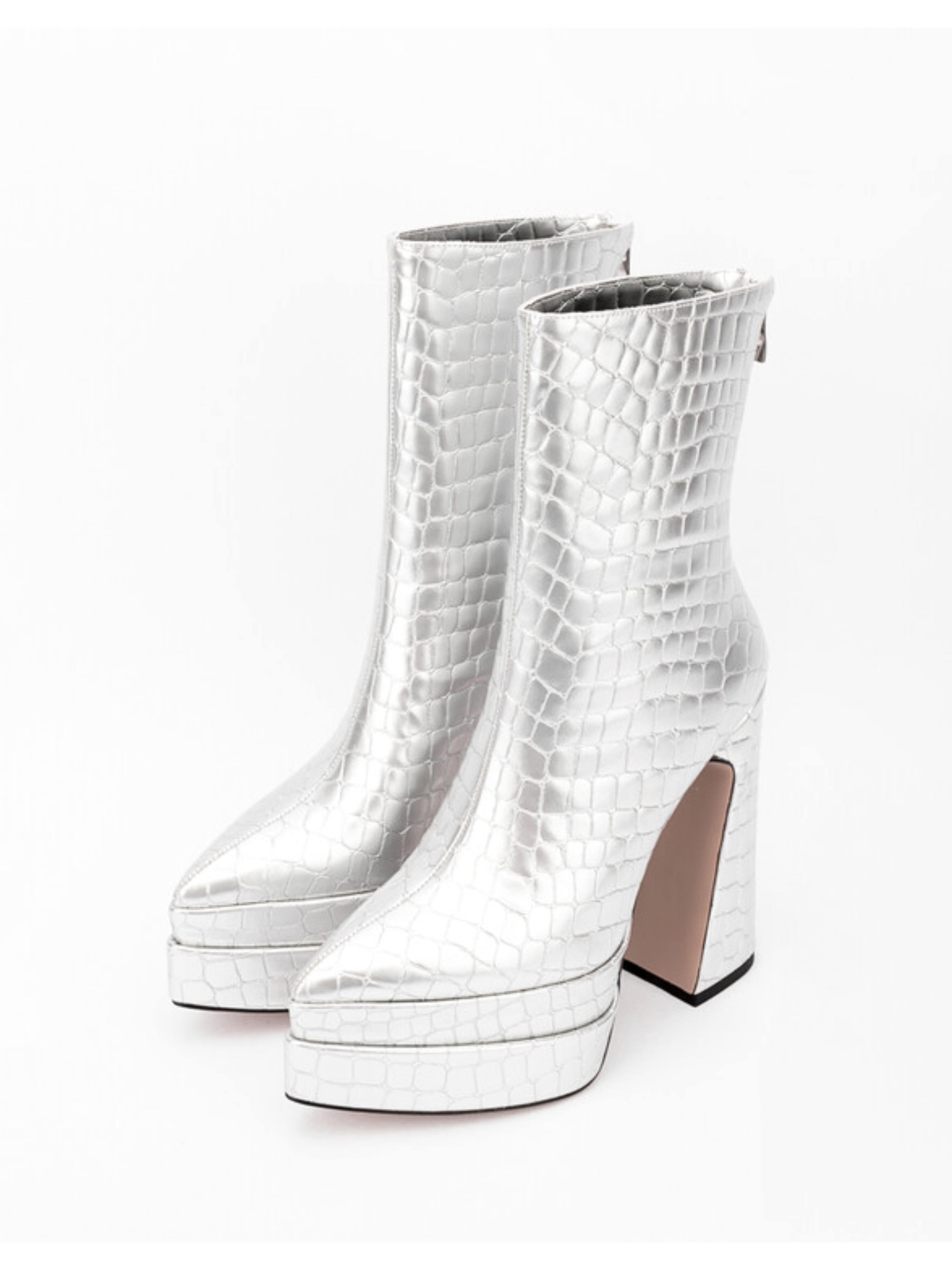 Silver Block Heel Women's Short Boots with Platform