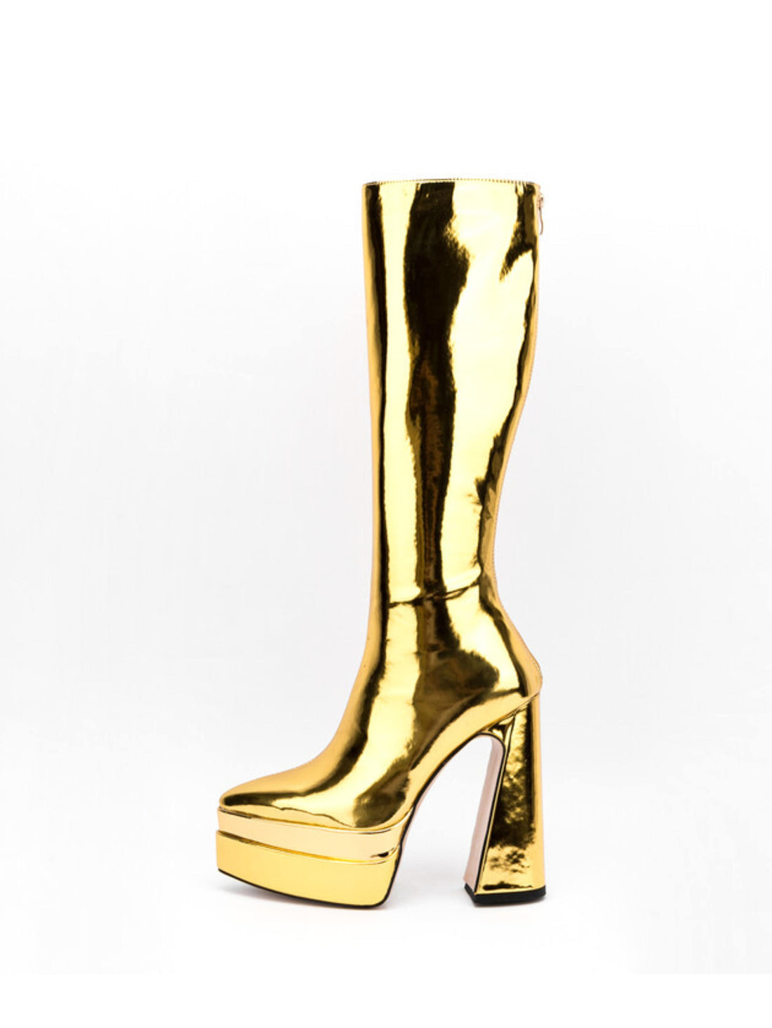 Gold Mirror Finish Tall Boots with Platform Heels