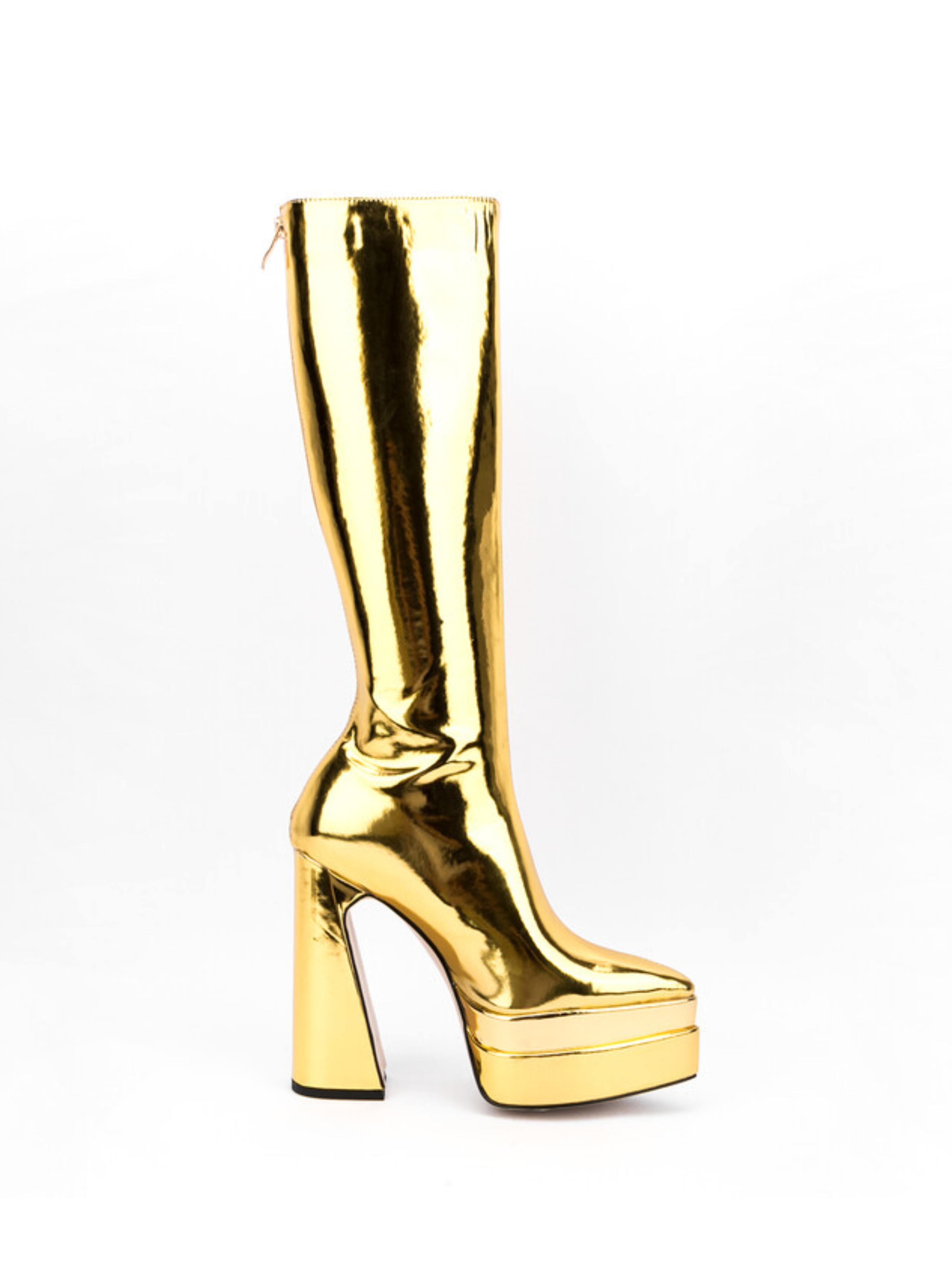 Gold Mirror Finish Tall Boots with Platform Heels