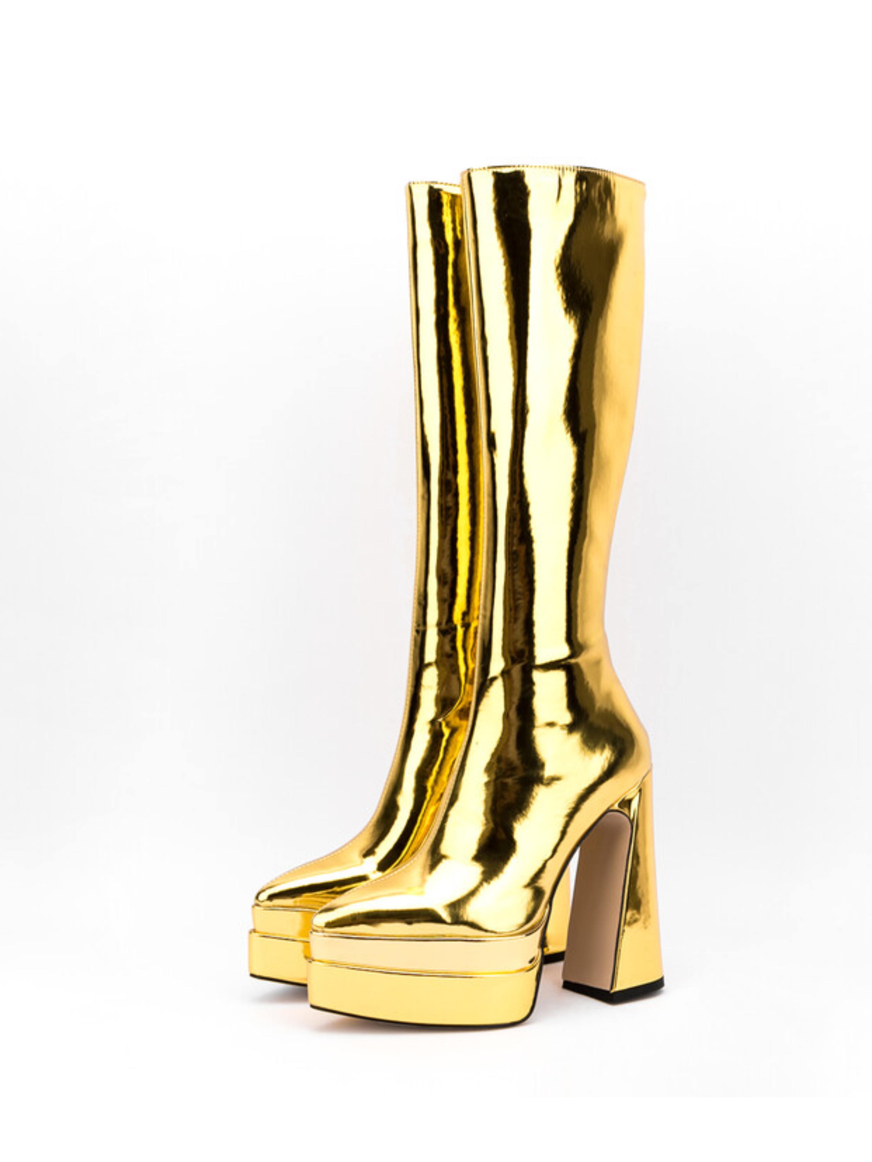 Gold Mirror Finish Tall Boots with Platform Heels