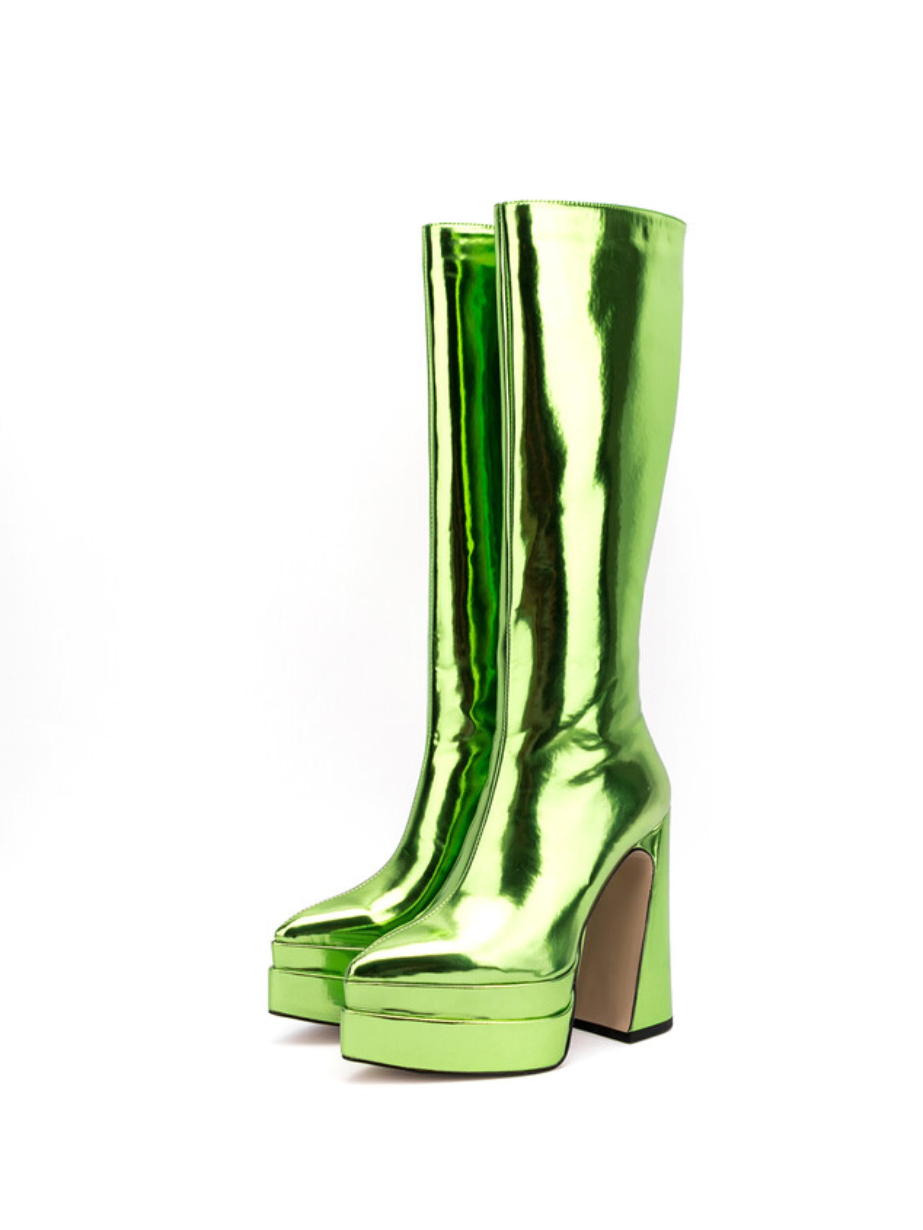 Mirror Green Women's Platform Knee-High Boots with High Heels