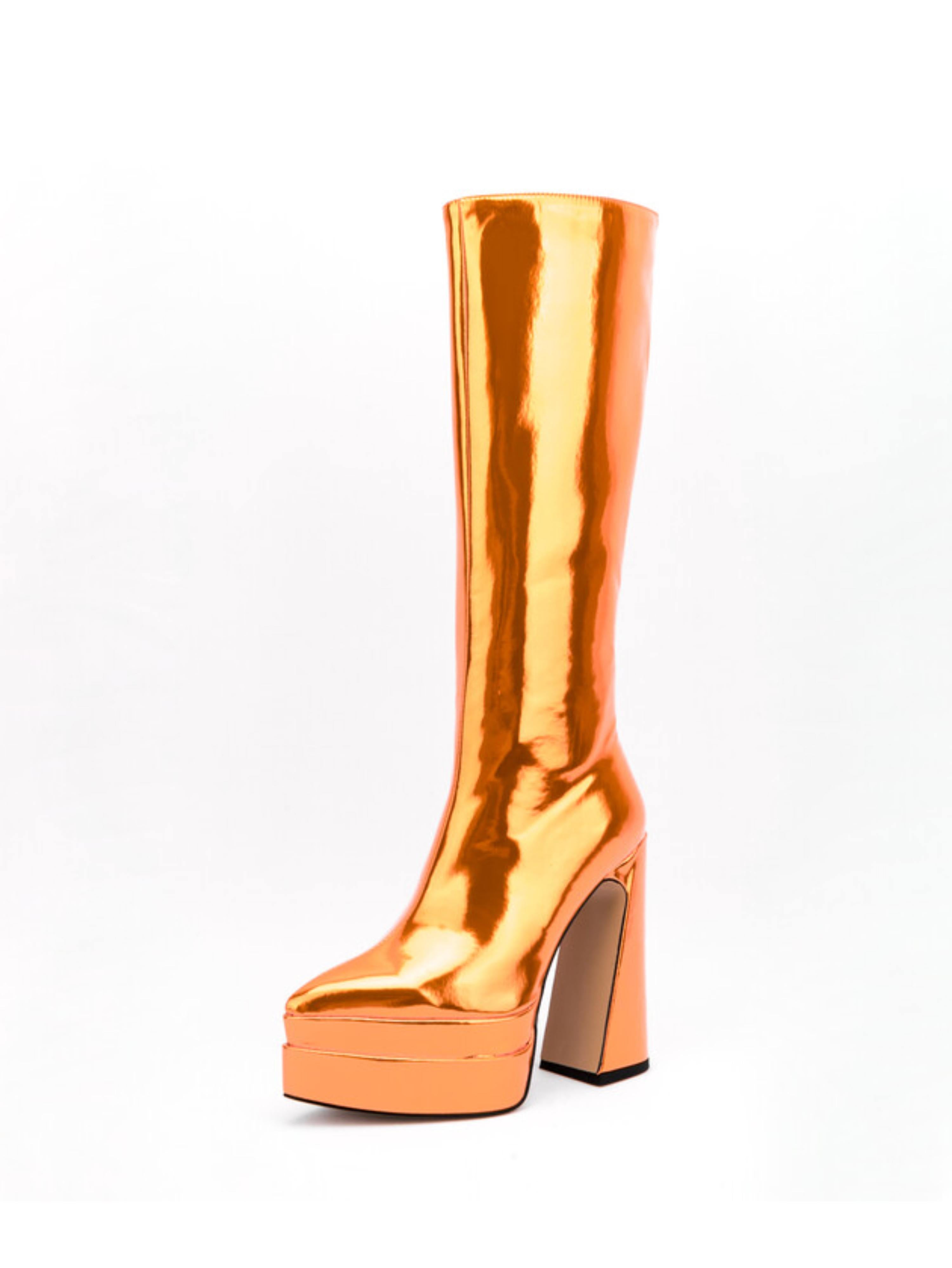 Metallic Orange Platform Heel Knee-High Boots for Women