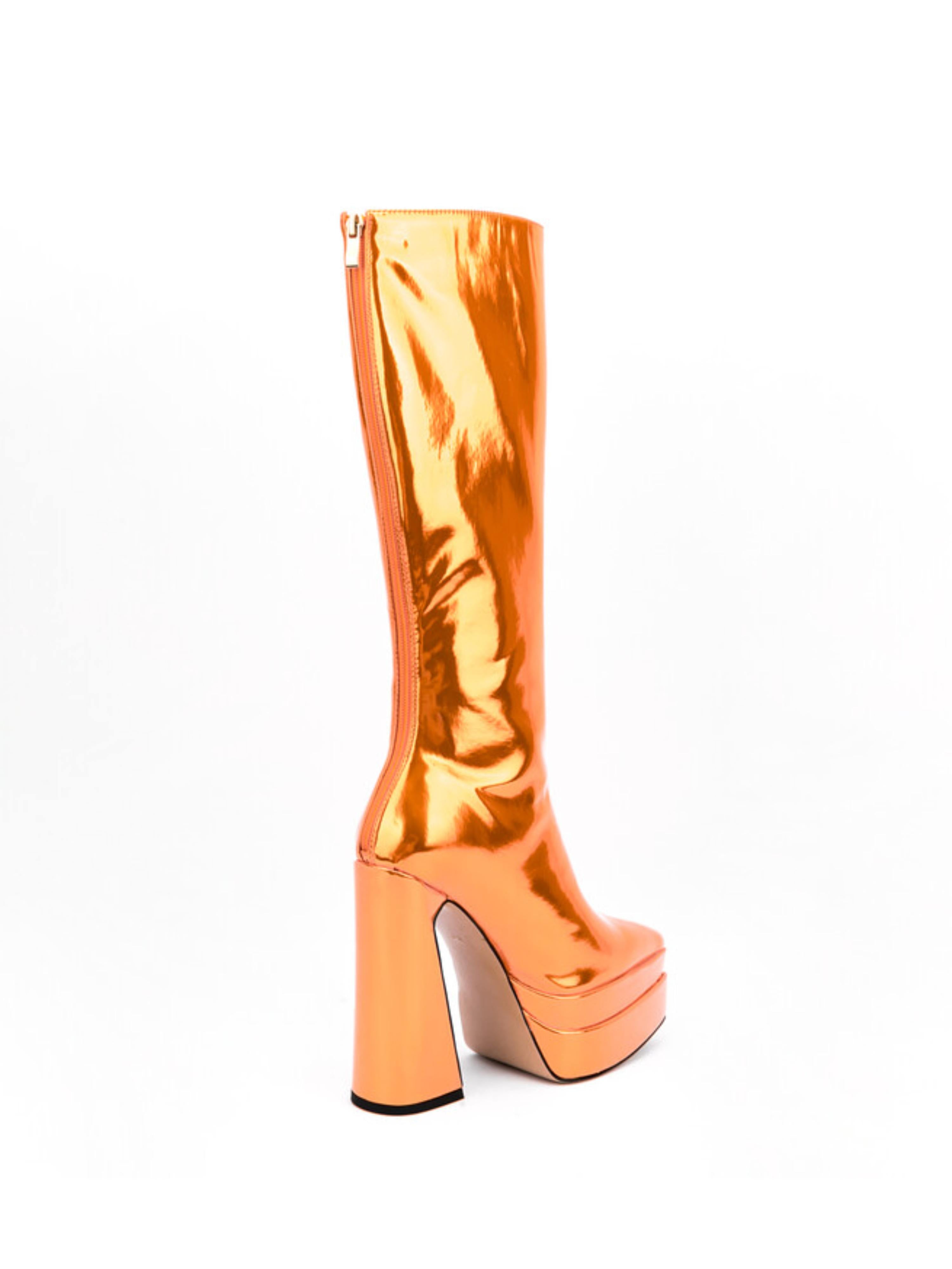 Metallic Orange Platform Heel Knee-High Boots for Women