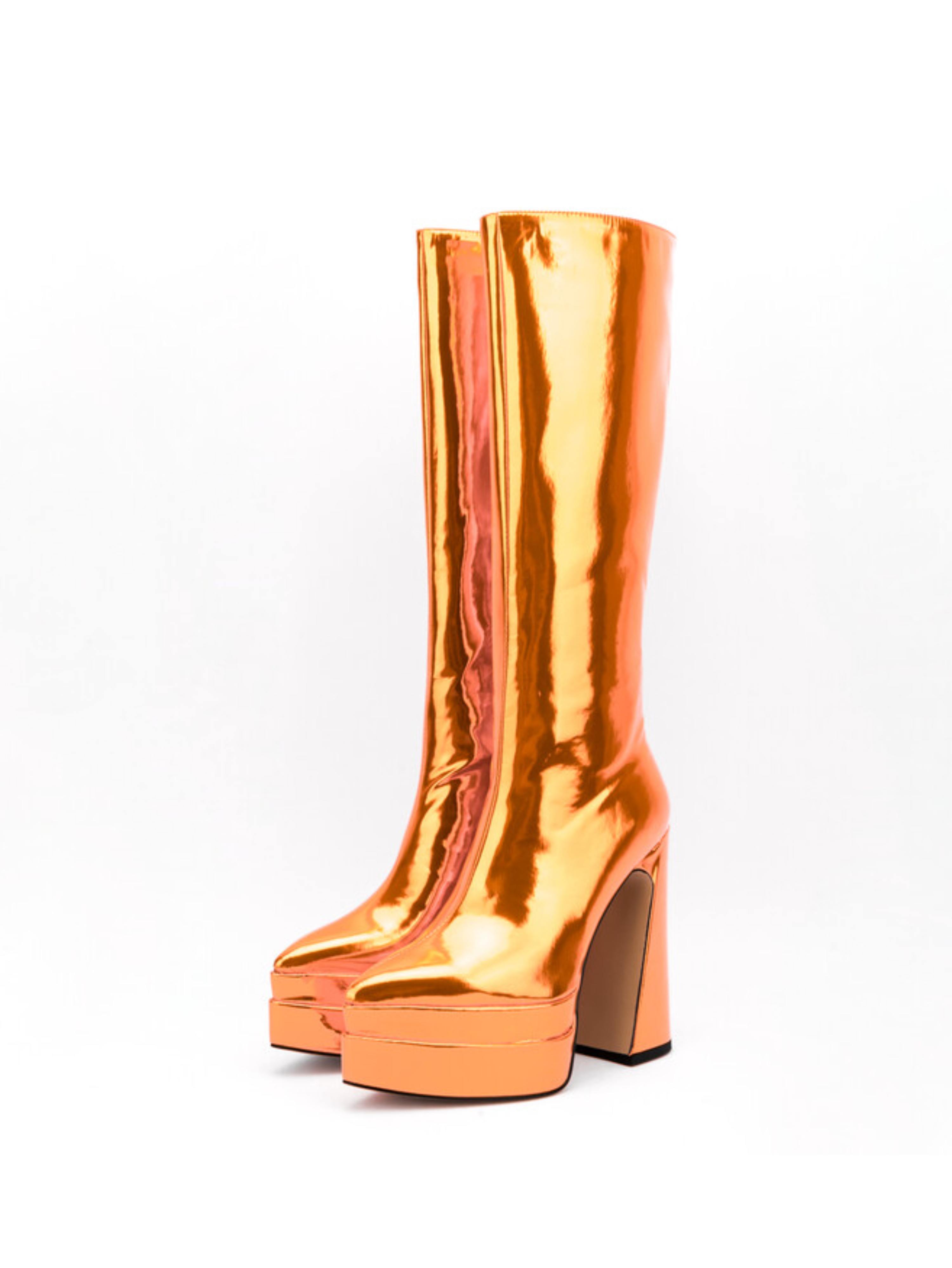 Metallic Orange Platform Heel Knee-High Boots for Women