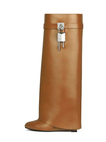 Brown Wedge Heels Knee-High Fold Over Boots