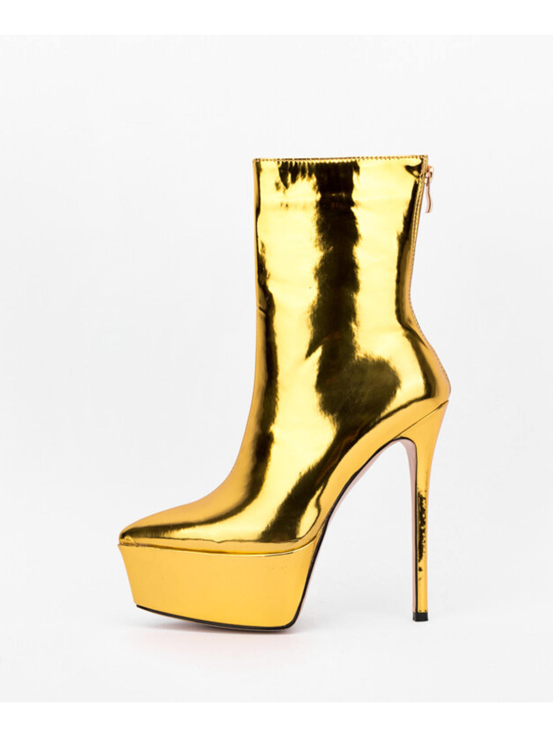 Gold Pointed Toe Platform High Heeled Ankle Boots for Women
