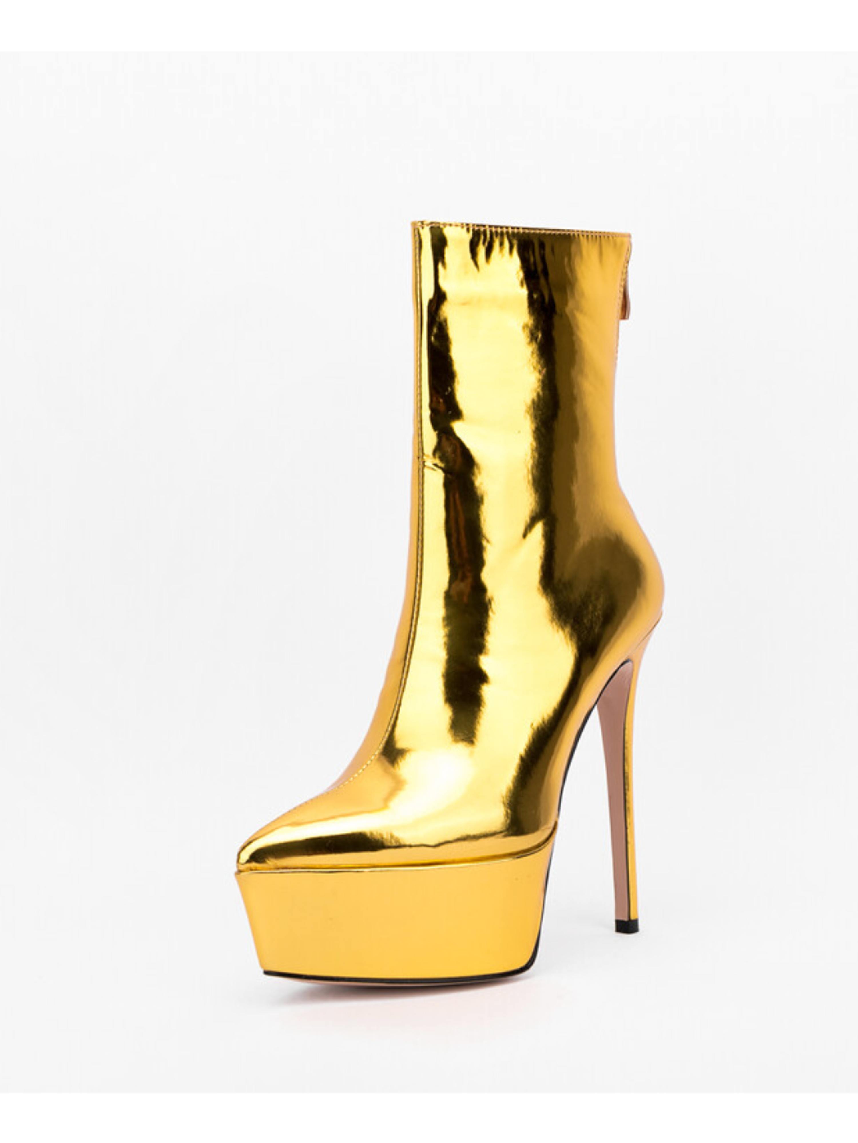 Gold Pointed Toe Platform High Heeled Ankle Boots for Women