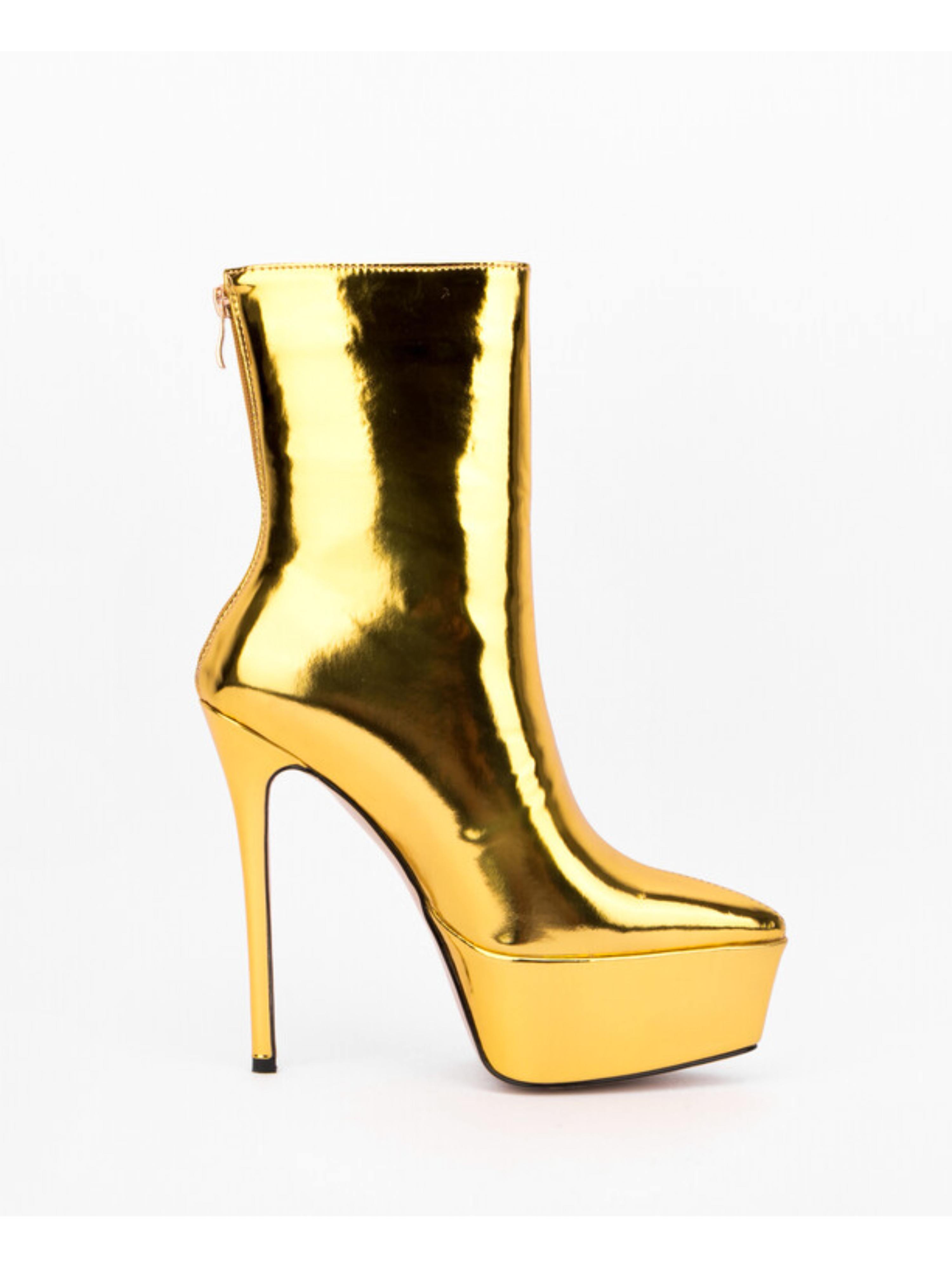 Gold Pointed Toe Platform High Heeled Ankle Boots for Women
