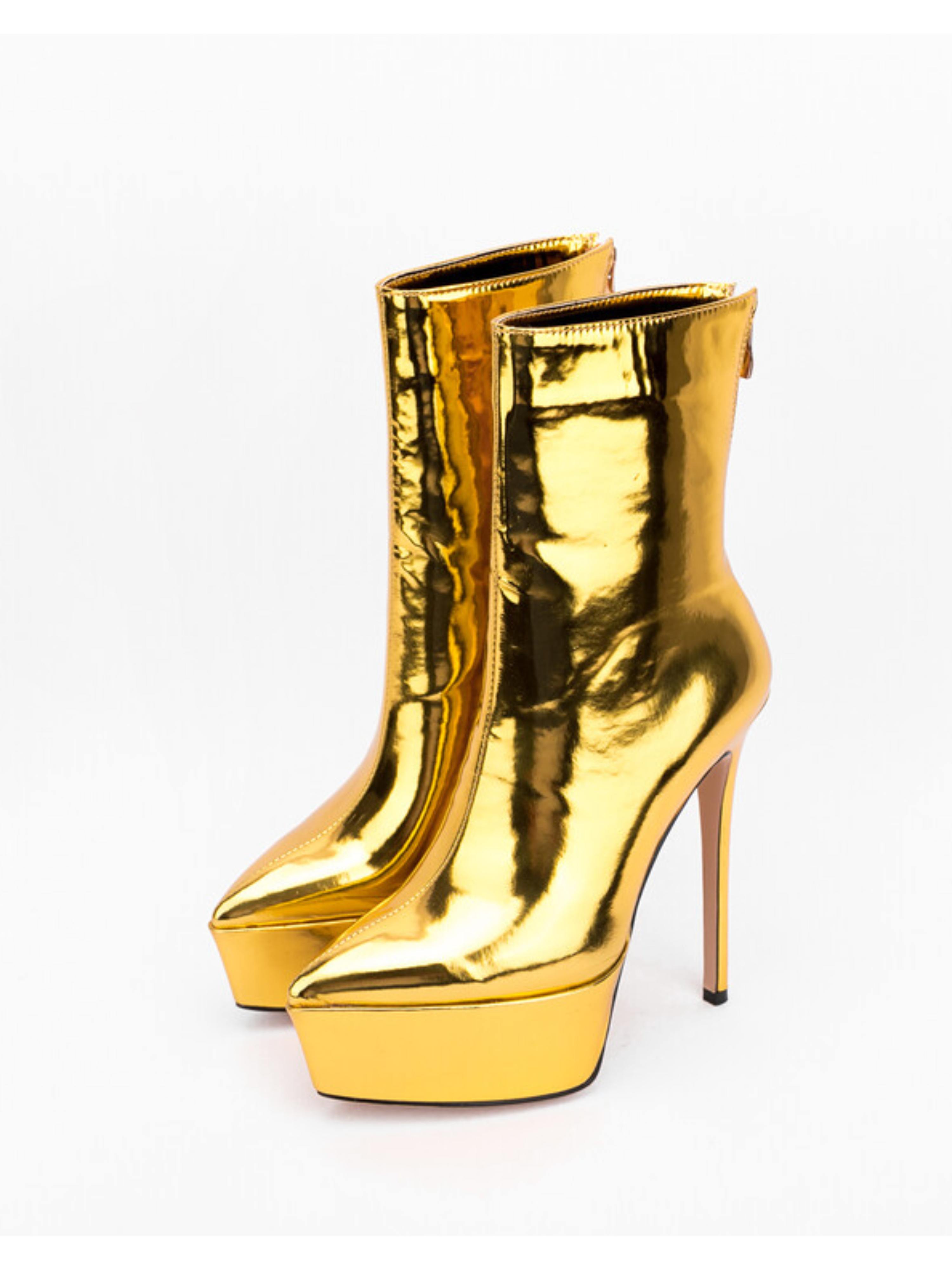 Gold Pointed Toe Platform High Heeled Ankle Boots for Women