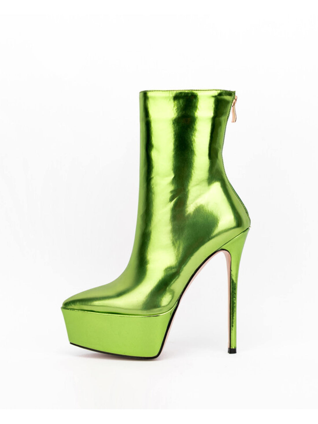 Metallic Green Platform Stiletto Heels Pointed Toe Short Booties