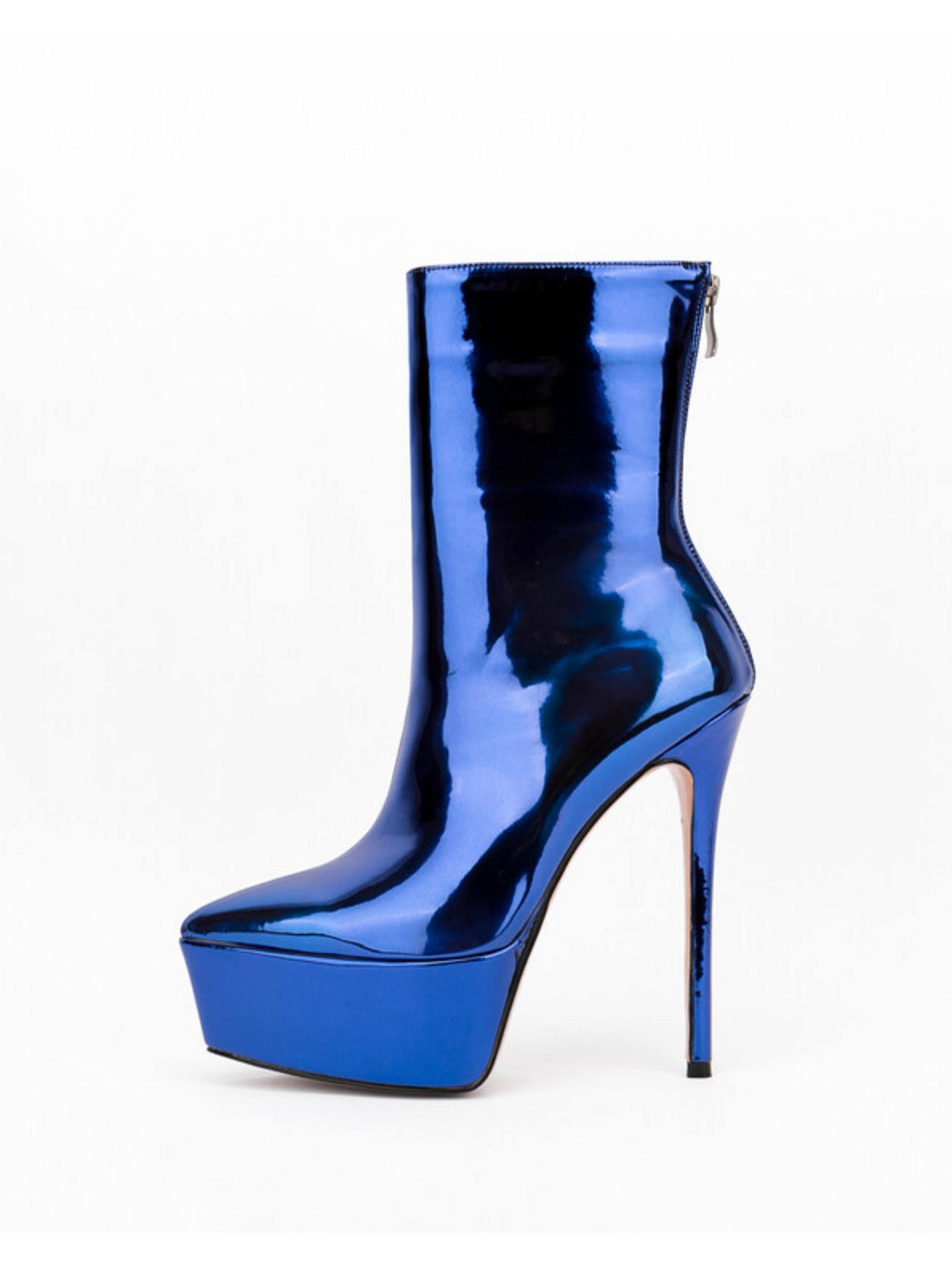 Navy Blue Mirror Finish Platform High Heeled Ankle Boots