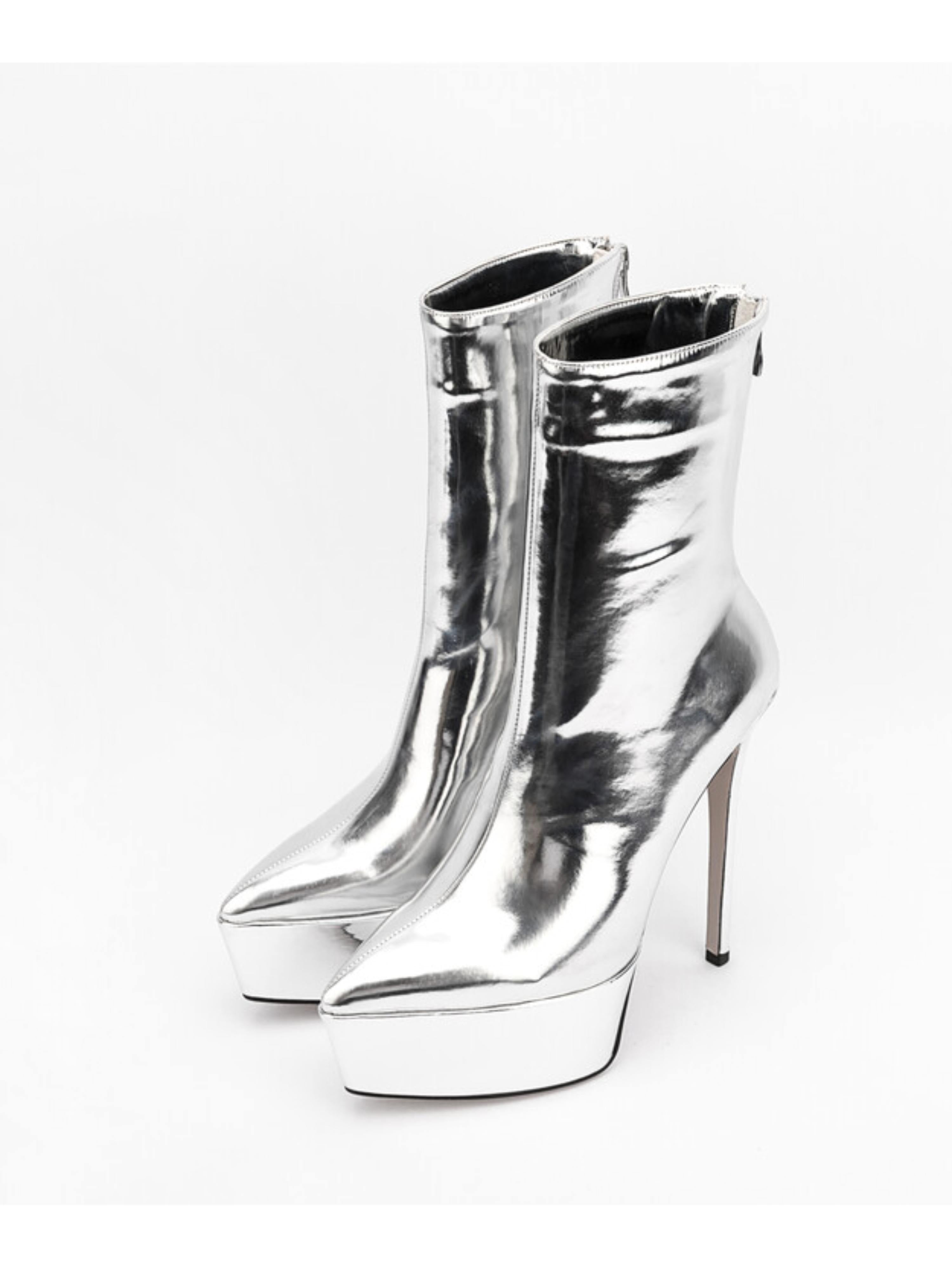 Metallic Silver Platform Heel Short Boots for Women