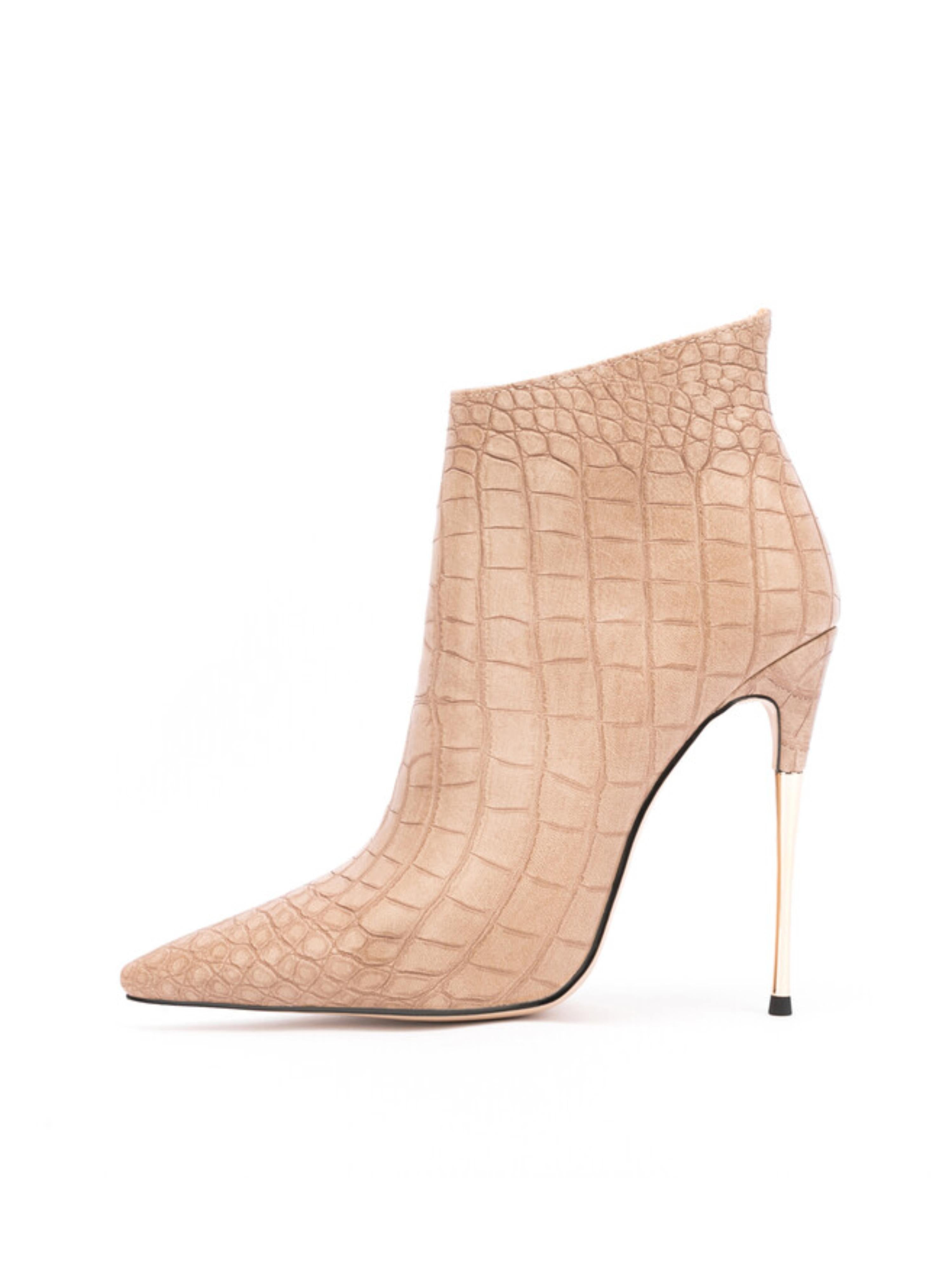 Tan Croc-Embossed Stiletto Short Boots for Women