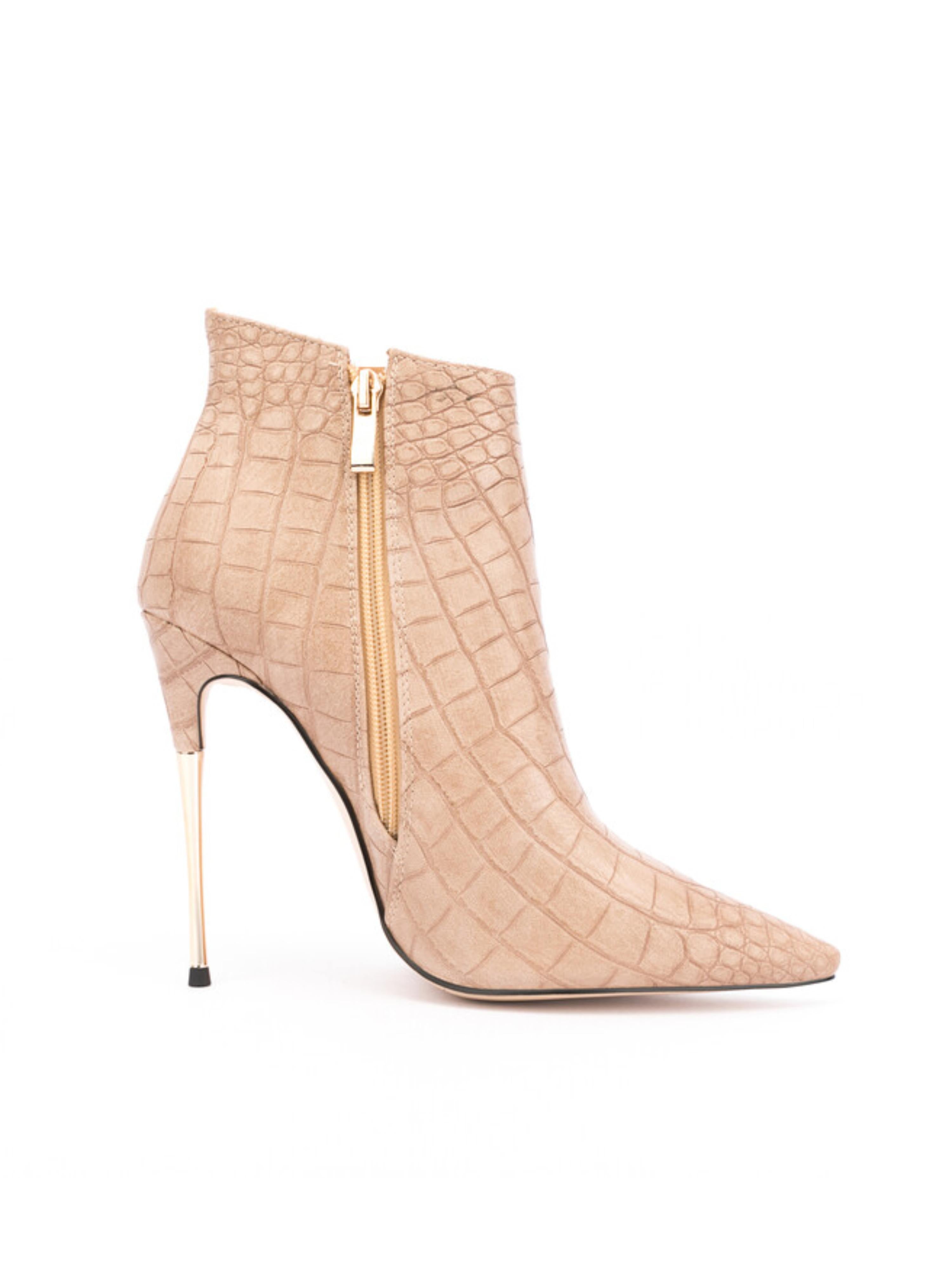 Tan Croc-Embossed Stiletto Short Boots for Women