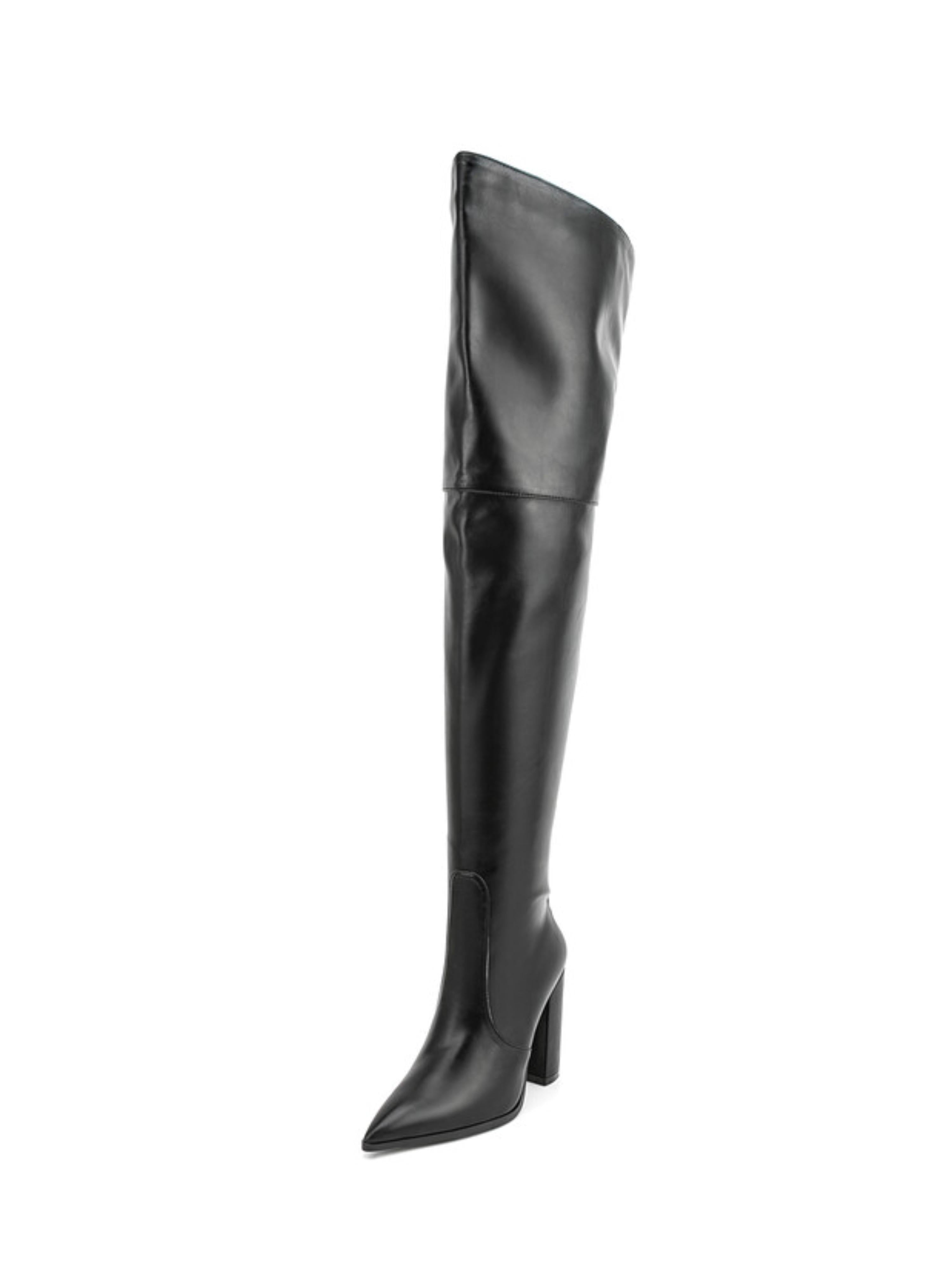 Black Chuncky Heel Wide Calf Thigh-High Boots for Women