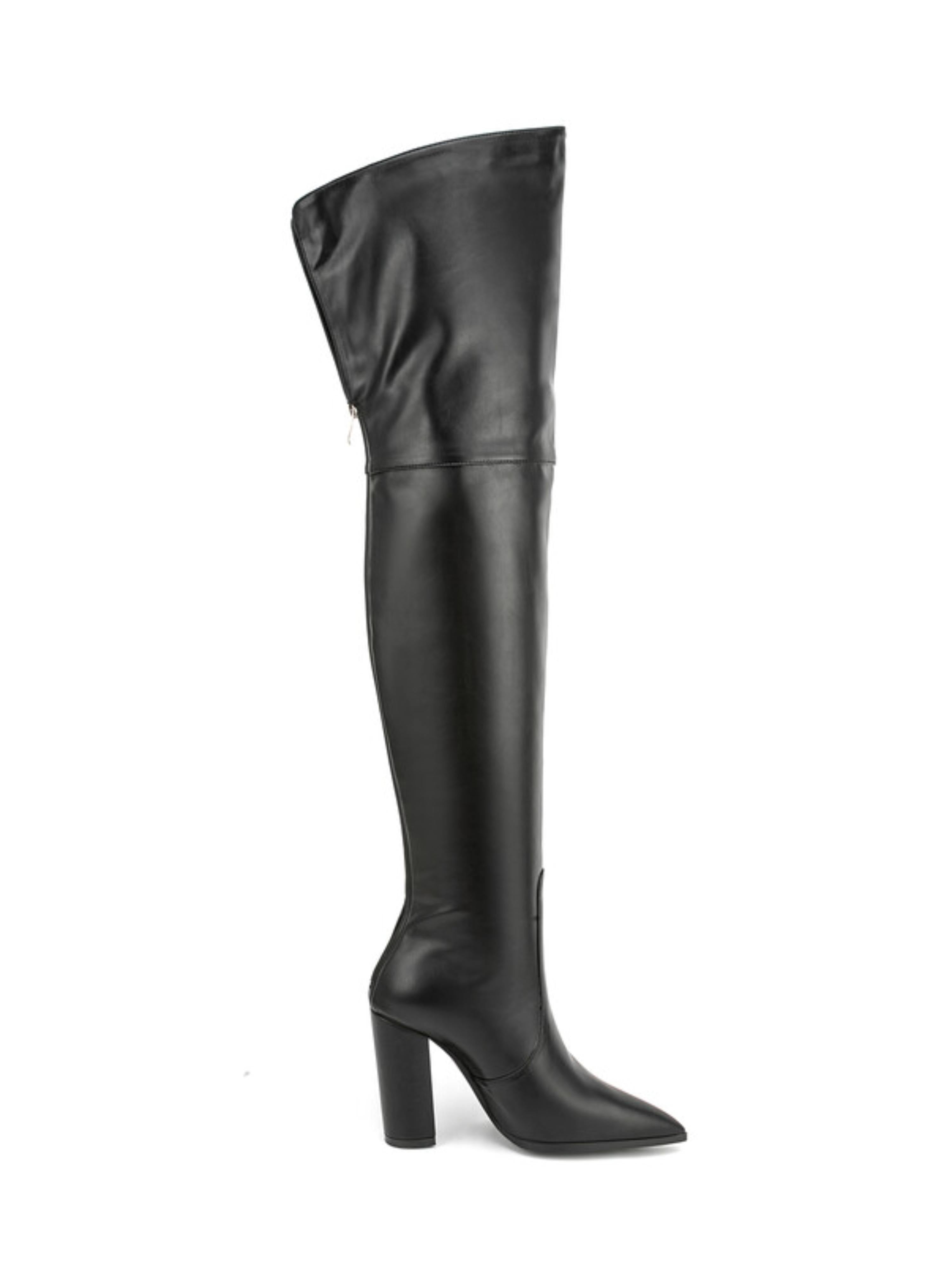 Black Chuncky Heel Wide Calf Thigh-High Boots for Women