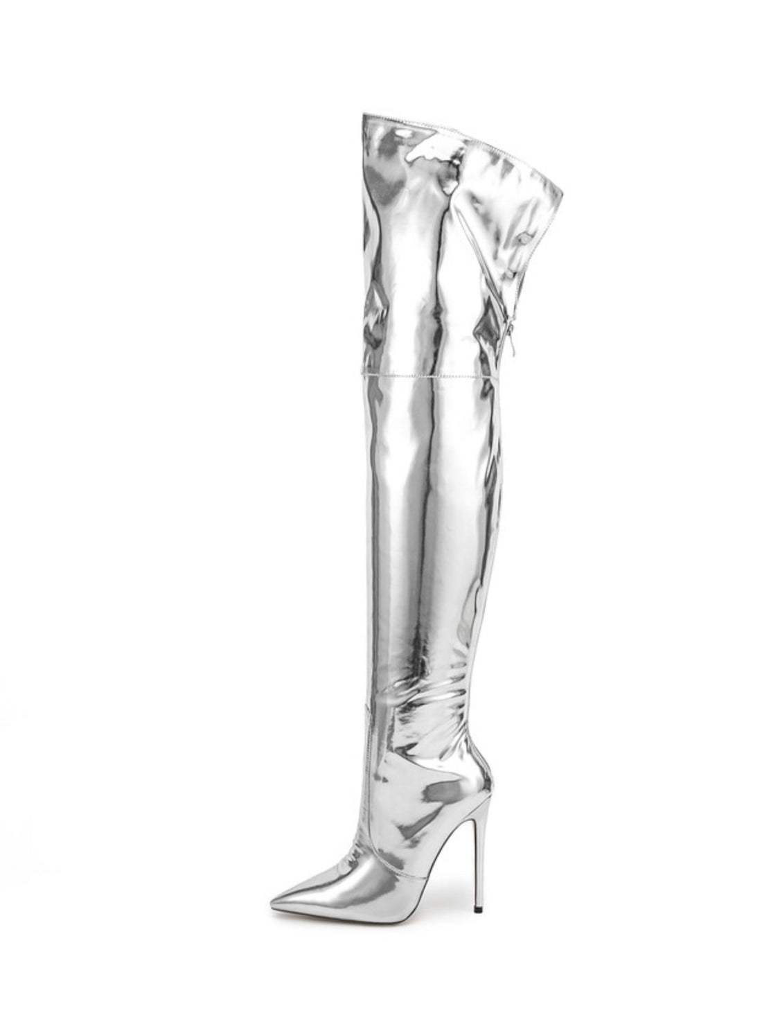 Metallic Silver Pointed Toe High-Heel Over-The-Knee Boots